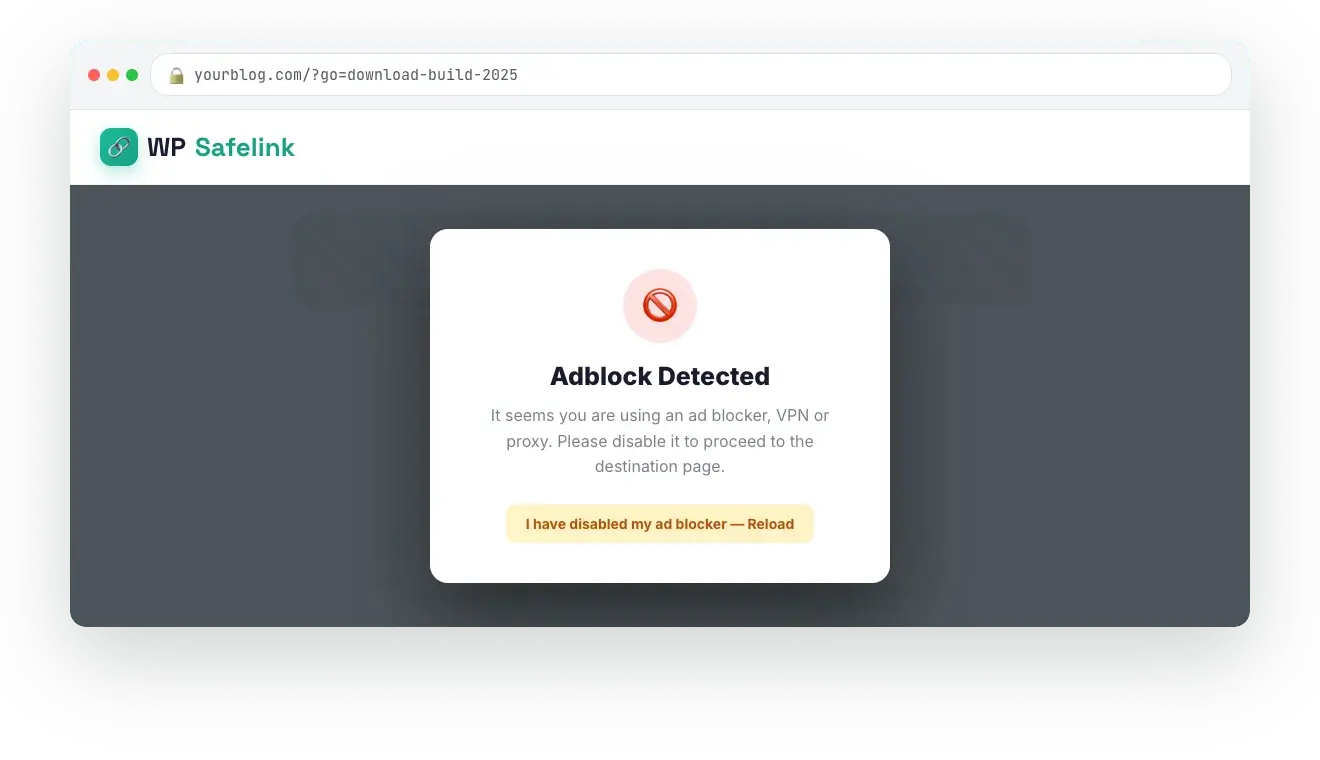 Stop losing revenue to ad blockers — WP Safelink screenshot