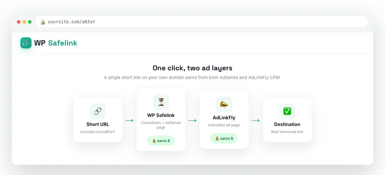 Dual AdLinkFly earnings — WP Safelink screenshot