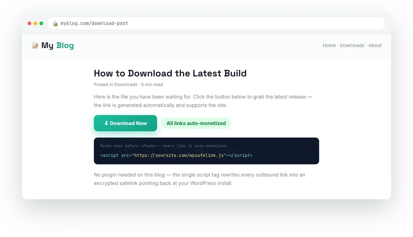 Drop the snippet, watch your links become safelinks — WP Safelink Blog JavaScript screenshot