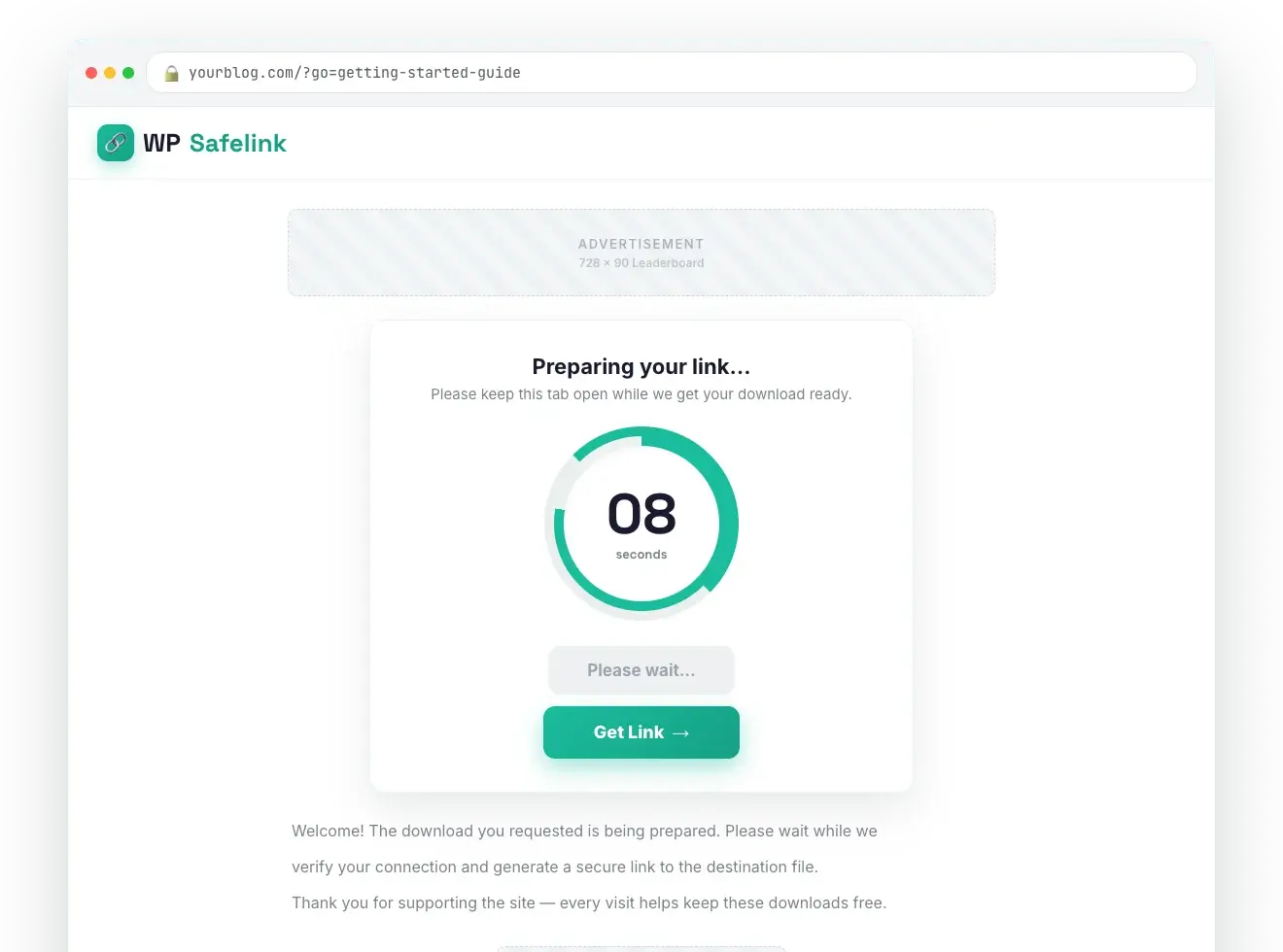 Branded countdown pages — WP Safelink screenshot