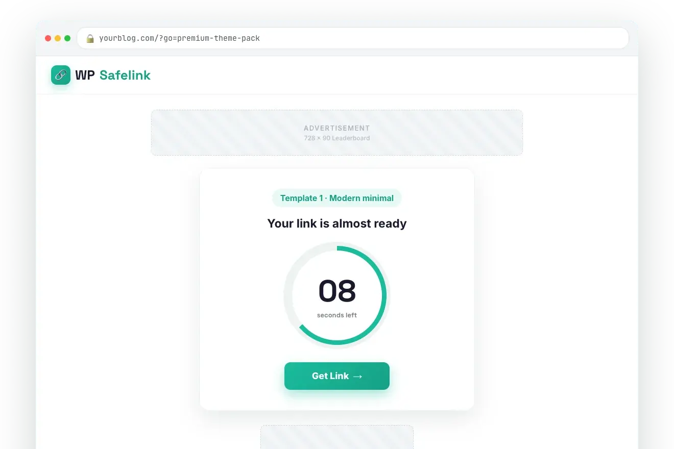 Four built-in designs, or use your own theme — WP Safelink screenshot