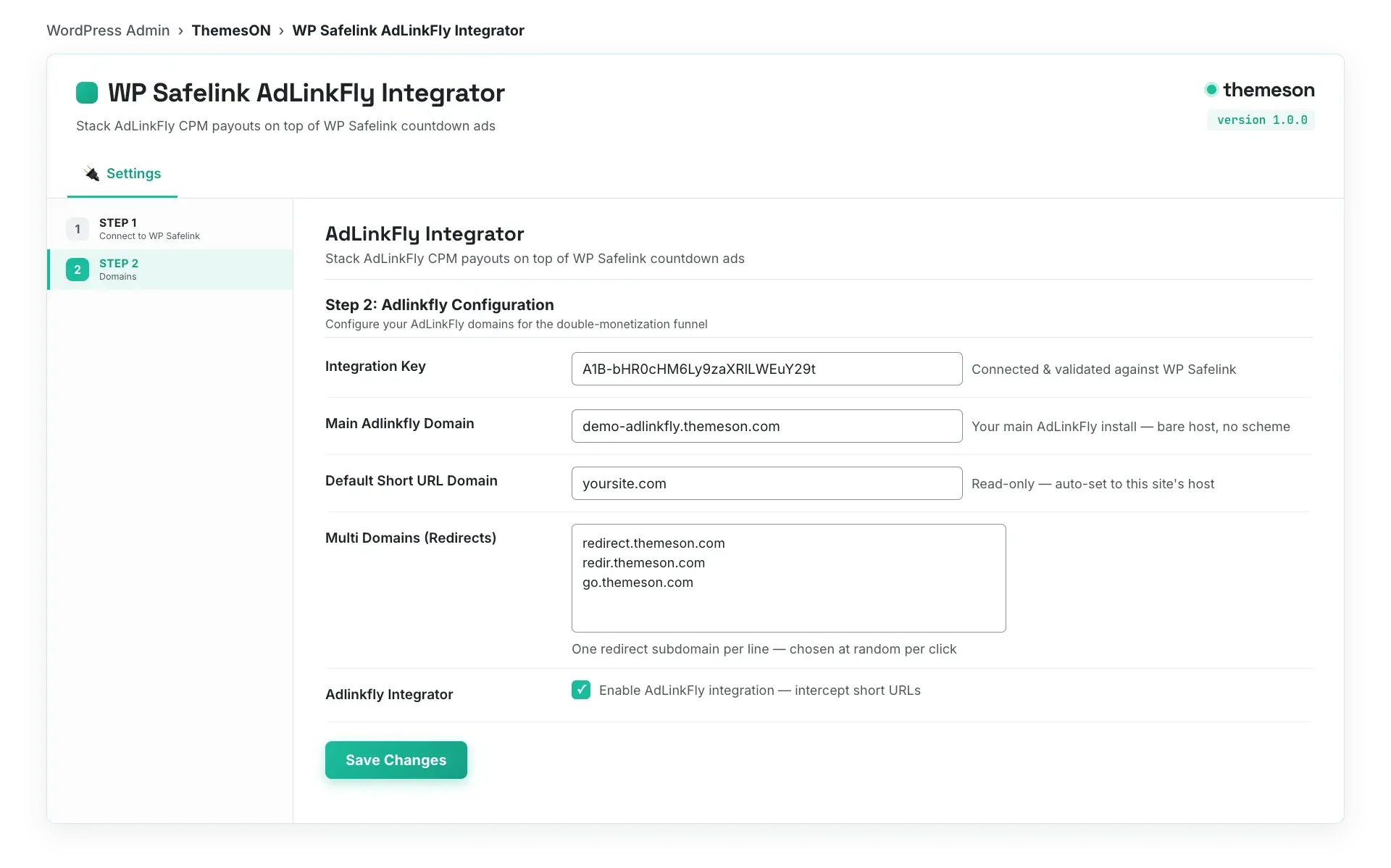 The AdLinkFly Integrator settings tab in the WP Safelink admin panel