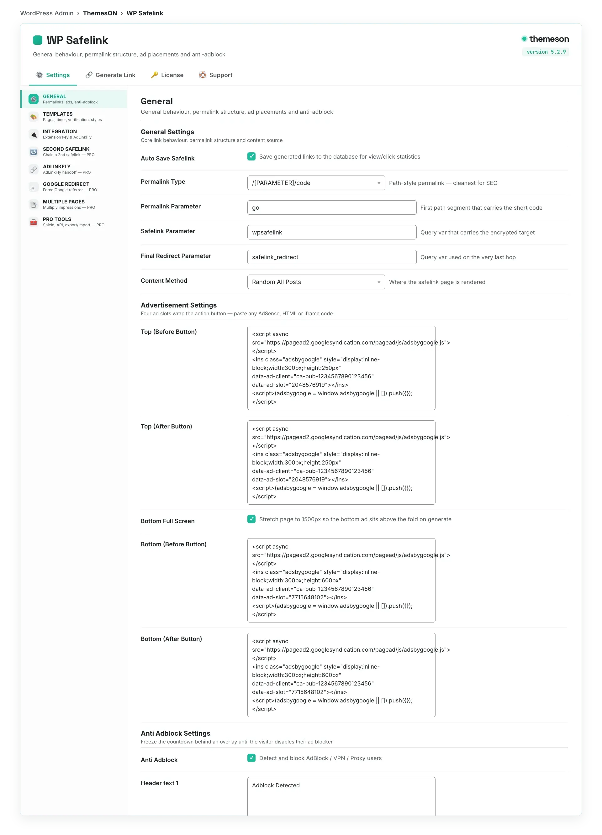 Everything configurable from one clean panel — WP Safelink screenshot
