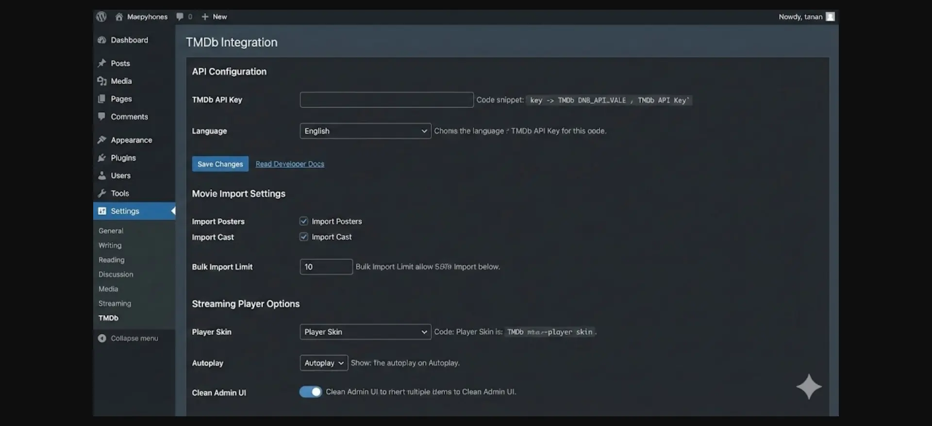WordPress TMDb Integration Settings
