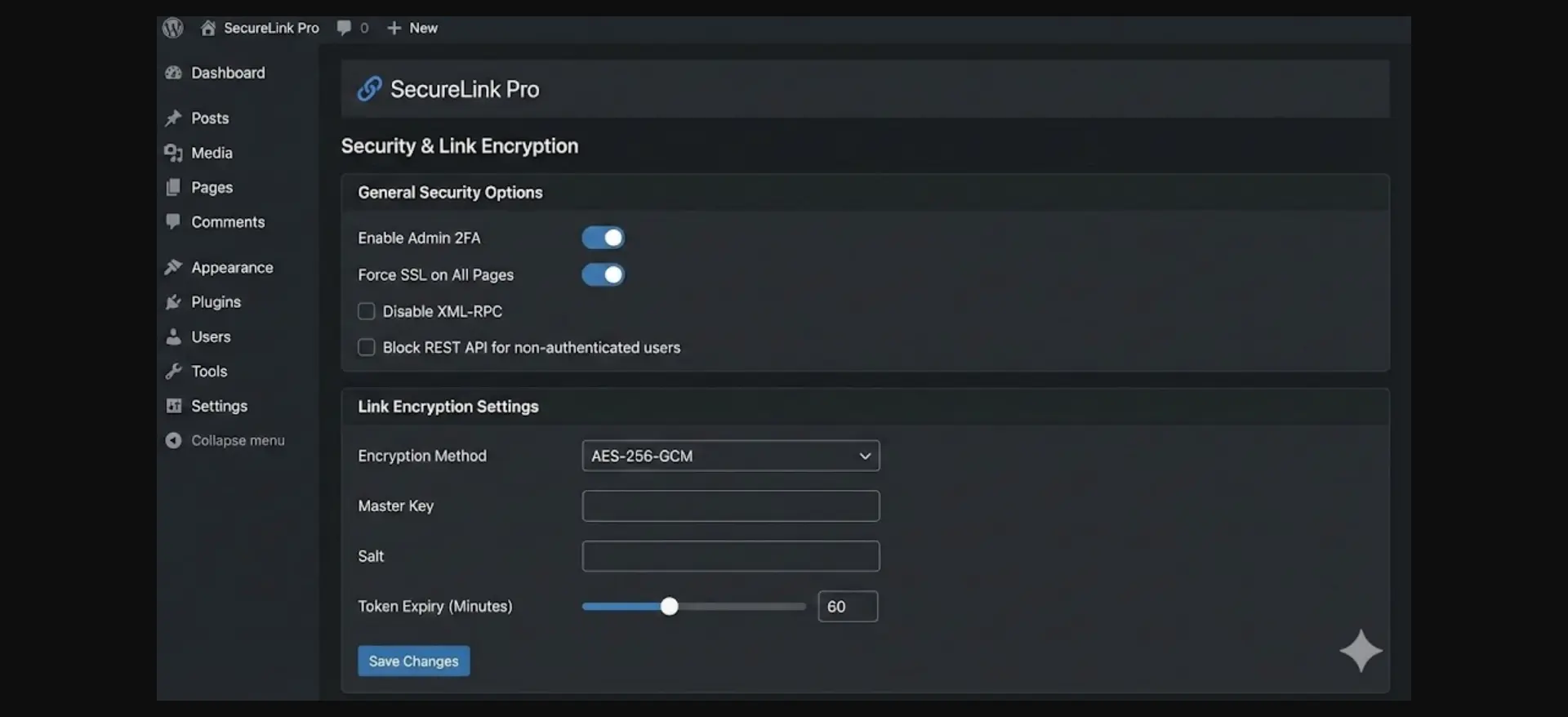 WP Safelink encryption settings panel