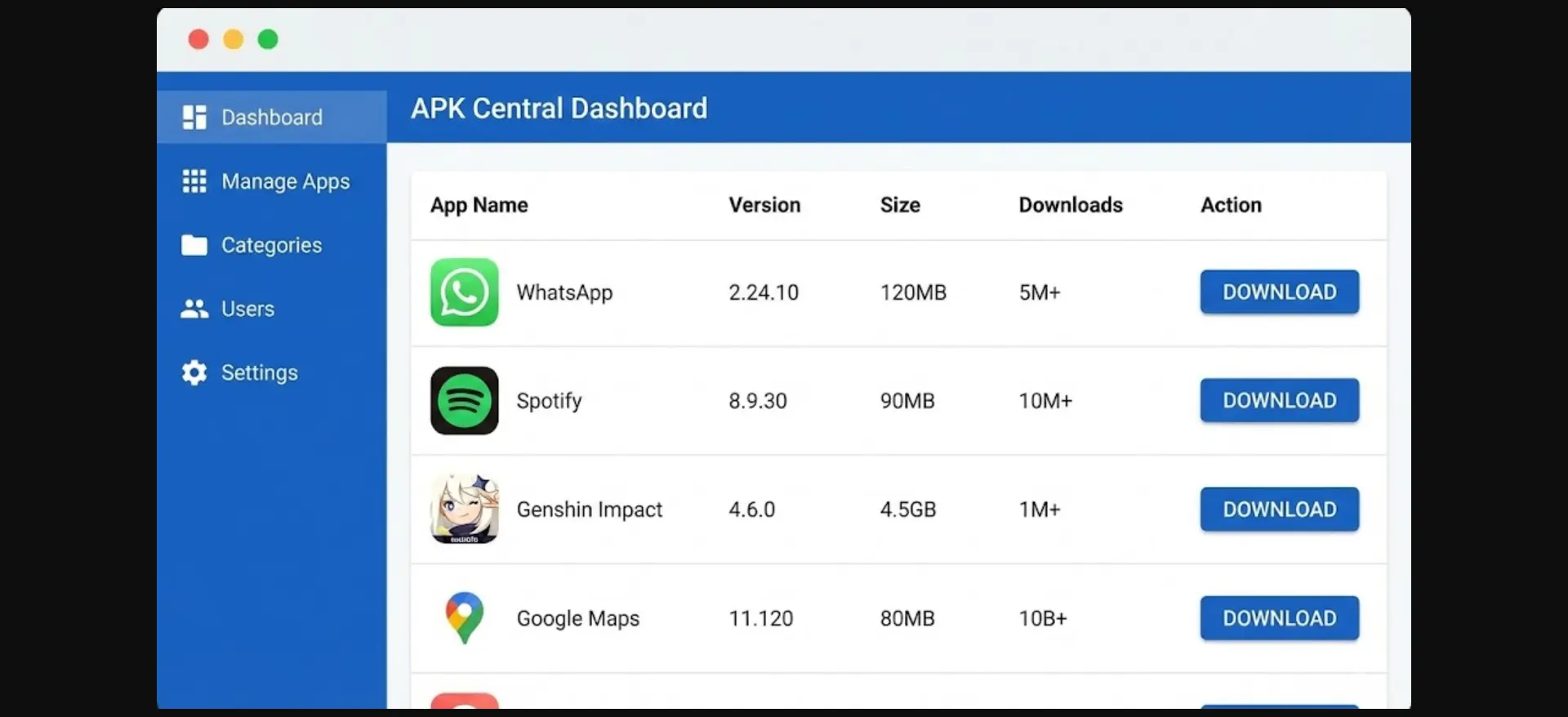 Playposter APK Dashboard showing app listings