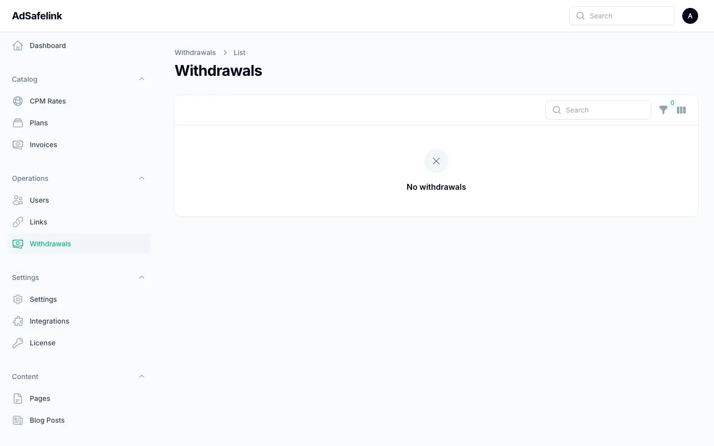 The Withdrawals queue in the AdSafelink admin, showing requests by status