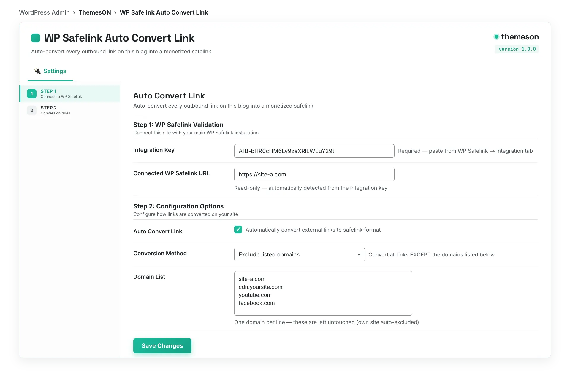 The Auto Convert Link settings screen showing the Integration Key validation step