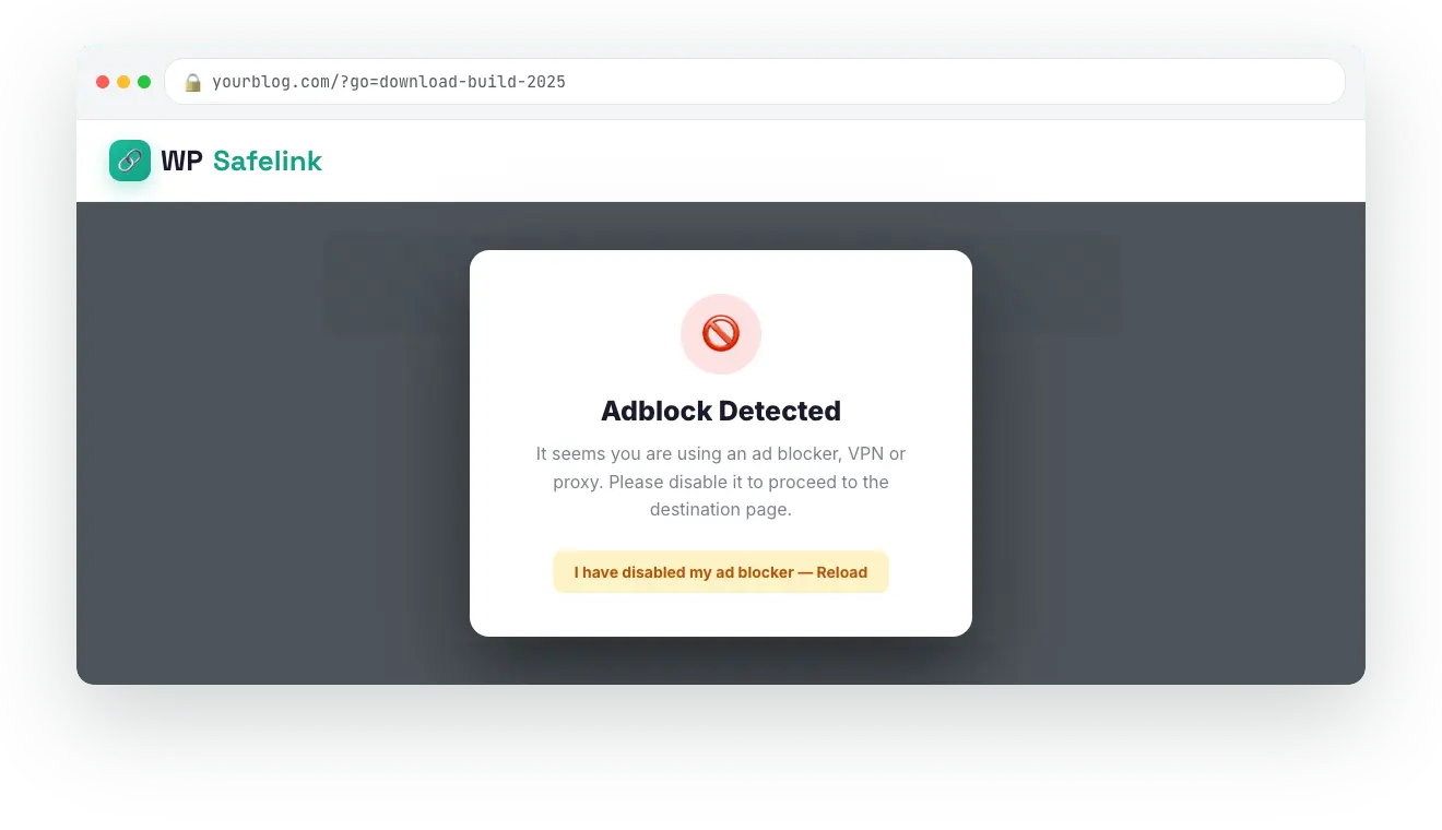 A WP Safelink anti-adblock overlay blocking the page with the countdown frozen
