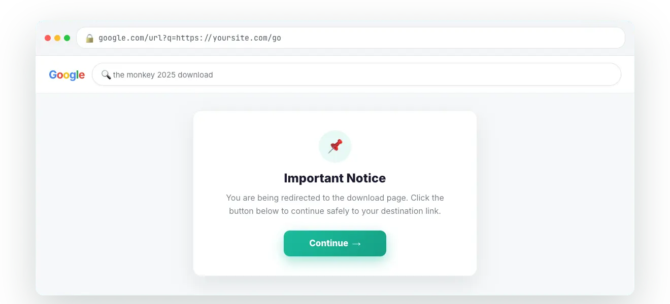 WP Safelink Google Redirect content page shown to a visitor with an important notice and Continue button