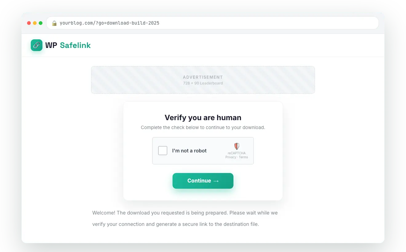 A WP Safelink human verification screen with an I'm not a robot button before the countdown