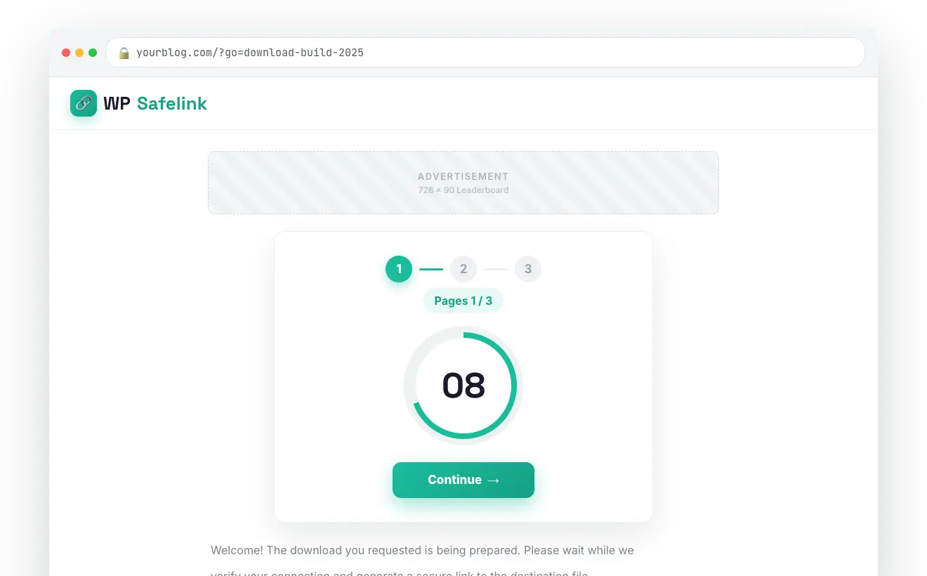 WP Safelink multiple pages flow on the frontend showing a Pages 1 of 3 progress counter and Continue button