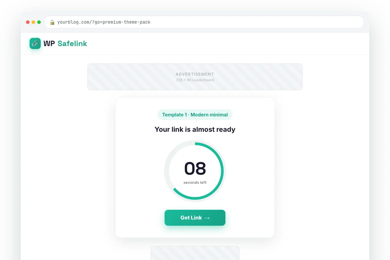 WP Safelink Template 1, a modern minimal standalone countdown page