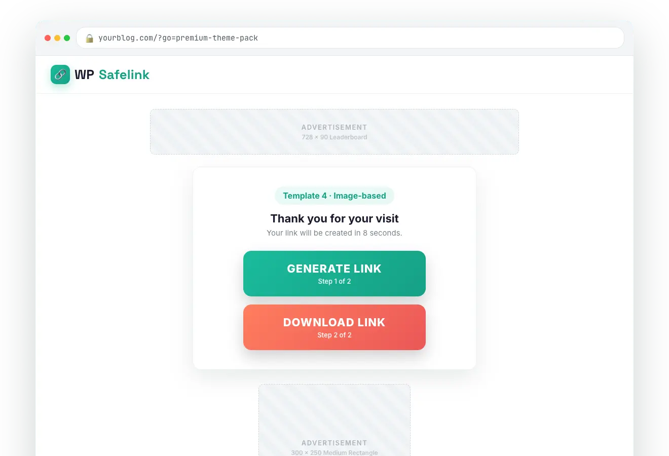 WP Safelink Template 4, an image-button countdown page
