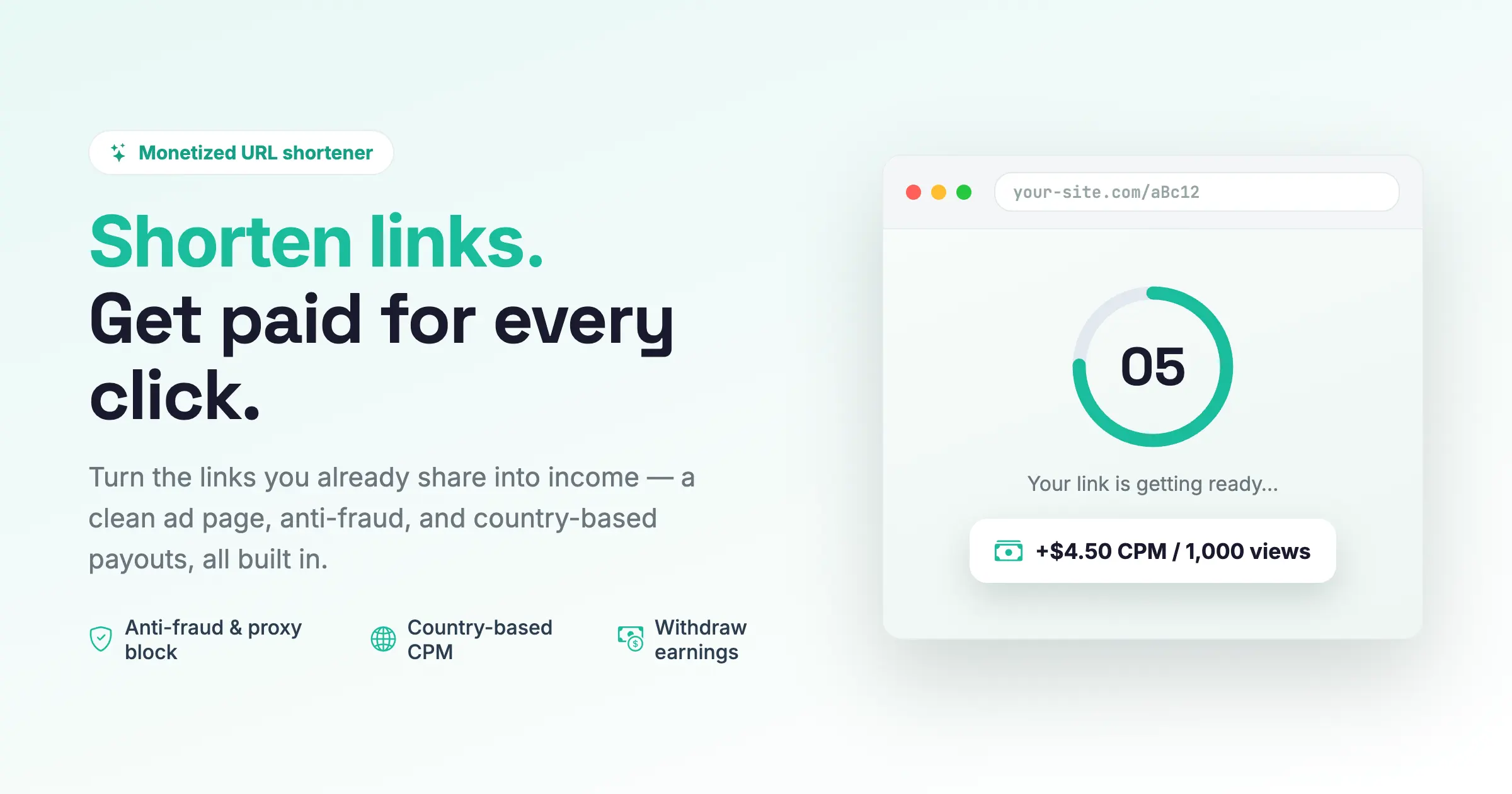 AdSafelink turns any URL into a monetized short link with a clean interstitial ad page.