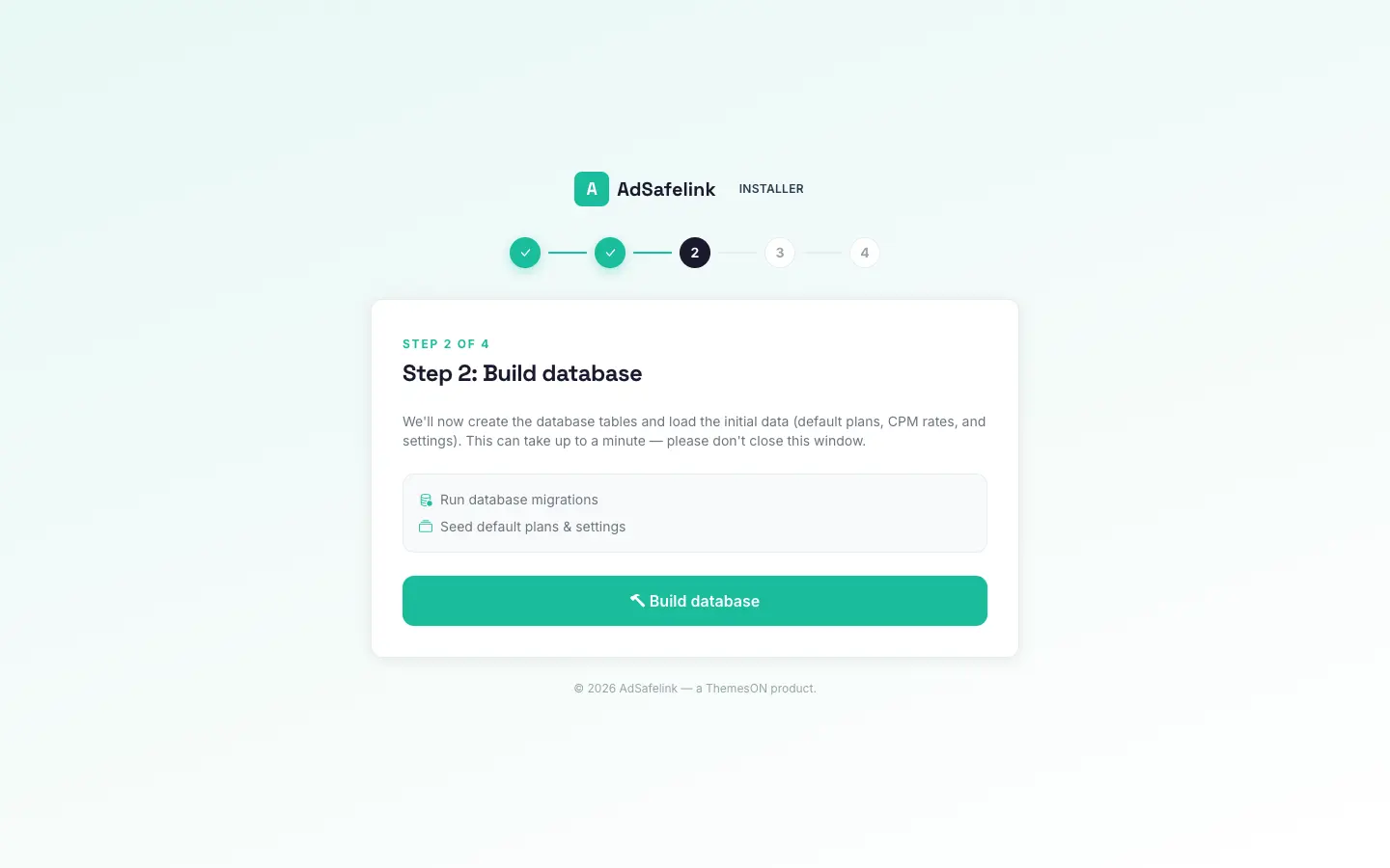 Front-end assets are compiled into public/build/ before the wizard runs.