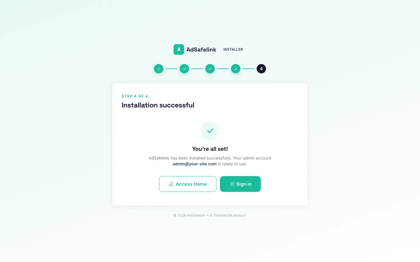 The success screen confirms AdSafelink is installed and offers links to the homepage and the sign-in page.