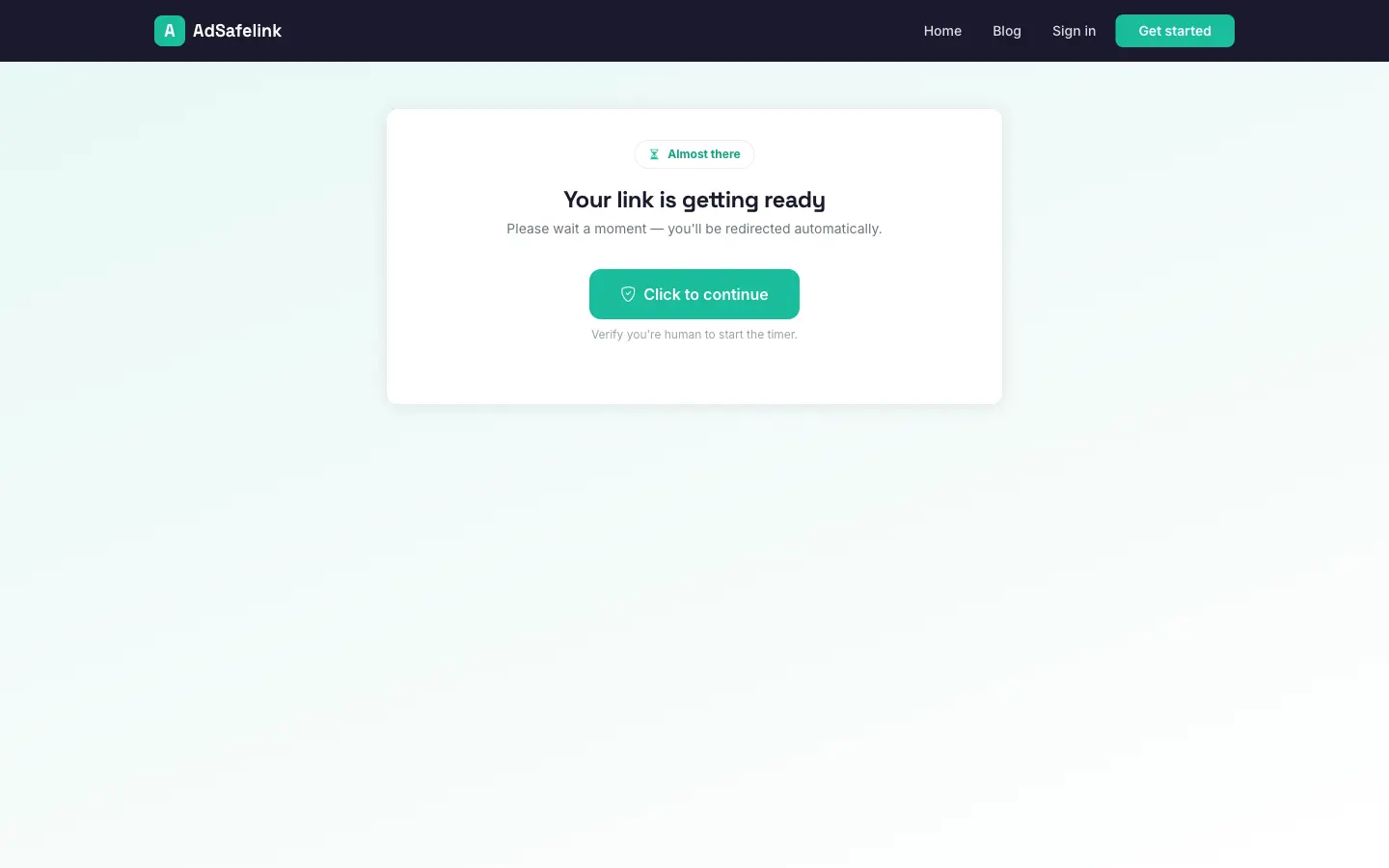 The interstitial page: ad slots plus a countdown that reveals the Continue button at zero.