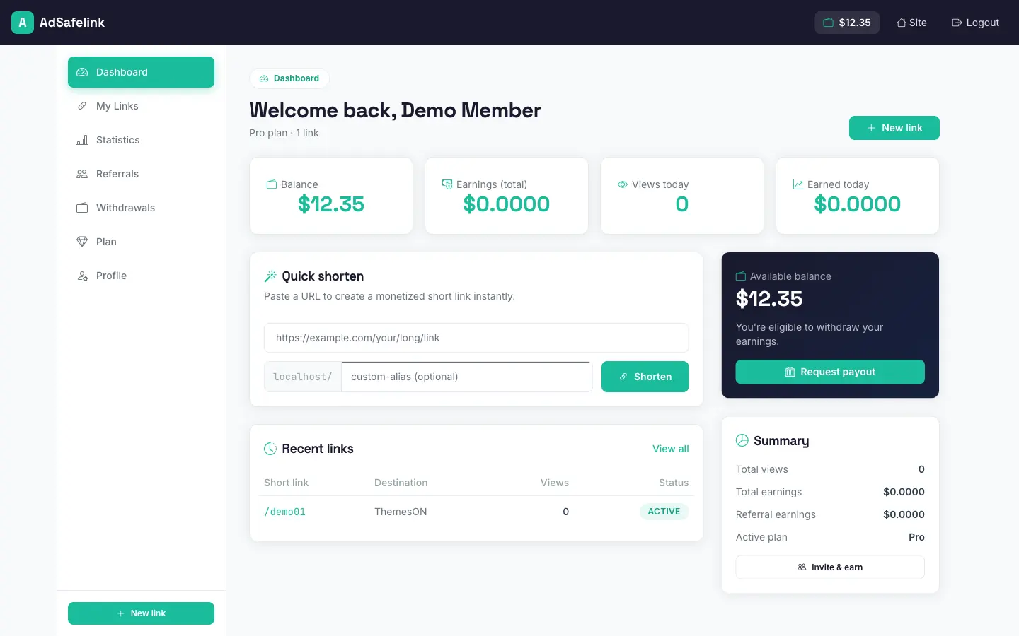 The API token panel on the member Profile page, with copy and regenerate controls.