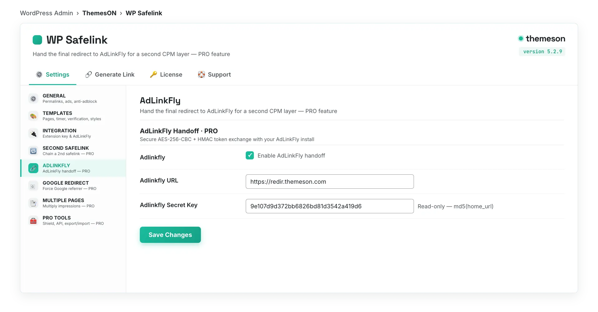 The PRO AdLinkFly tab in WP Safelink Pro with URL and secret key fields