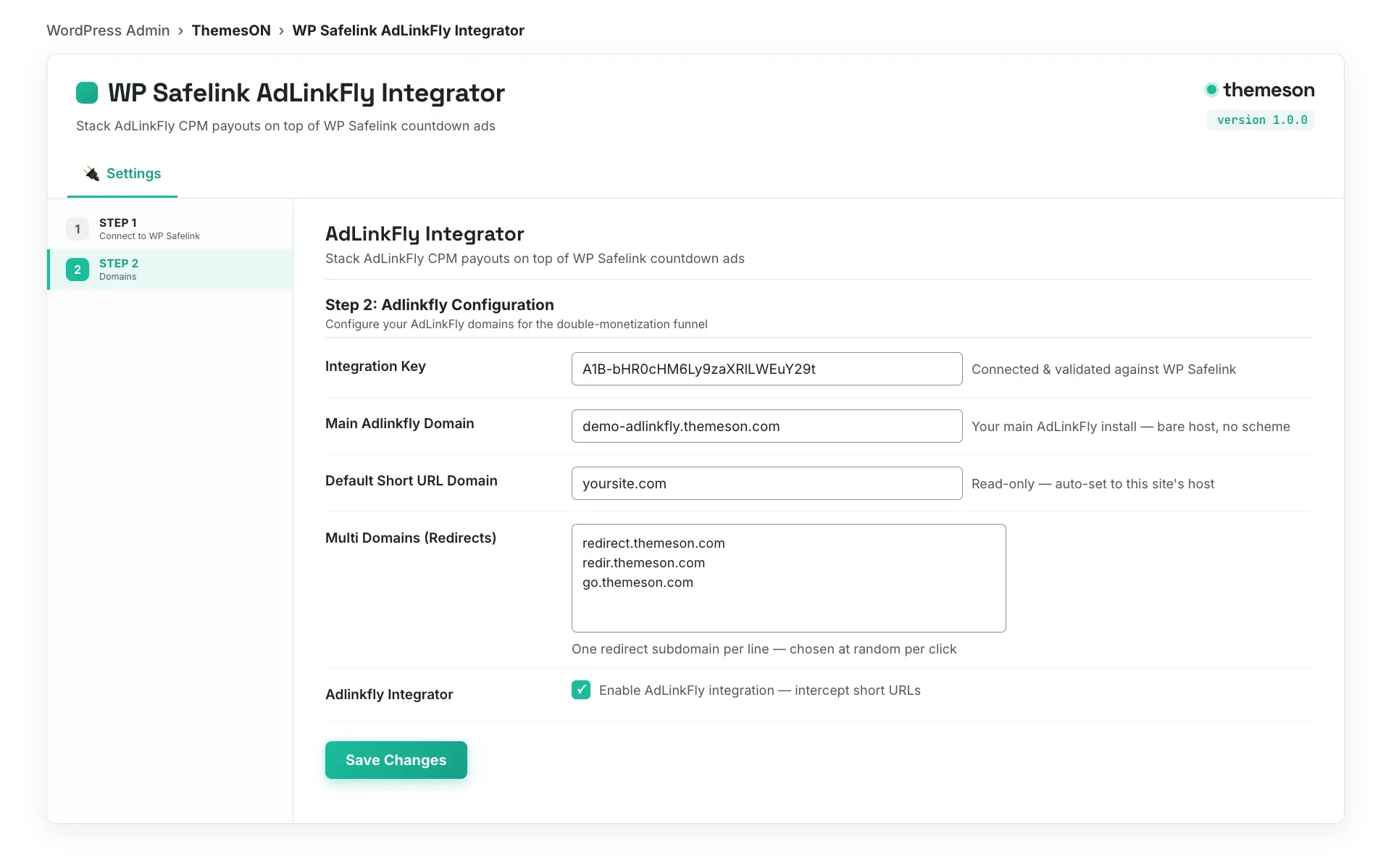 The AdLinkFly Integrator settings page with the Integration Key validation step