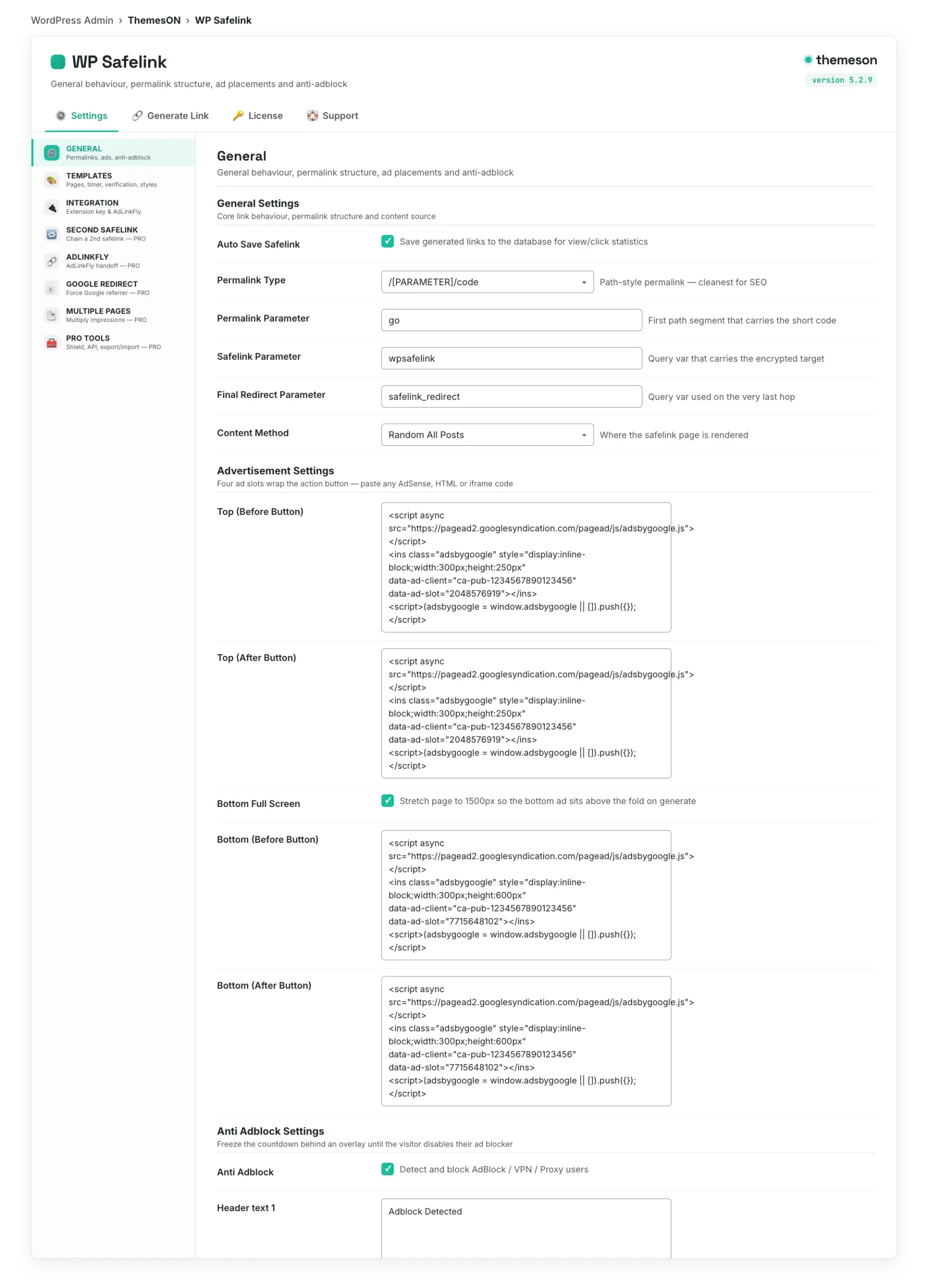 The Anti Adblock Settings section on the WP Safelink General settings tab