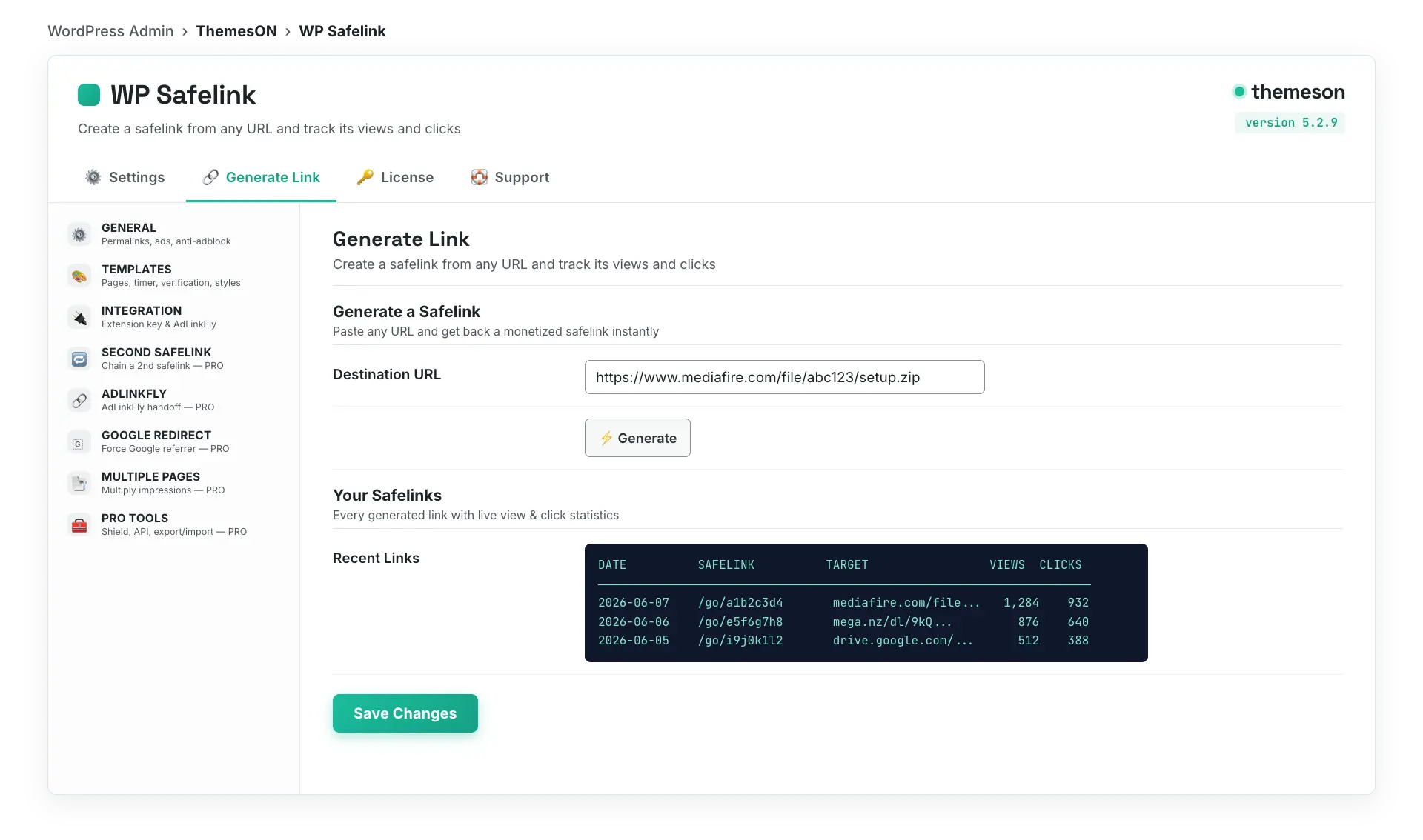WP Safelink Generate Link tab with the URL field and the saved-links statistics table