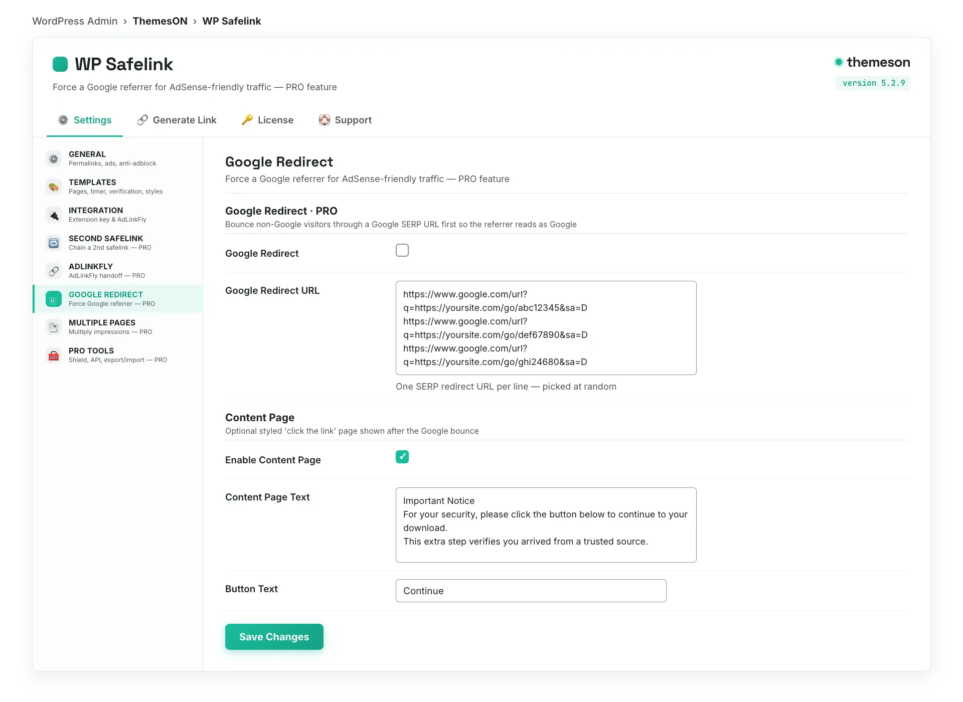 WP Safelink Google Redirect settings tab with redirect URLs and content page options