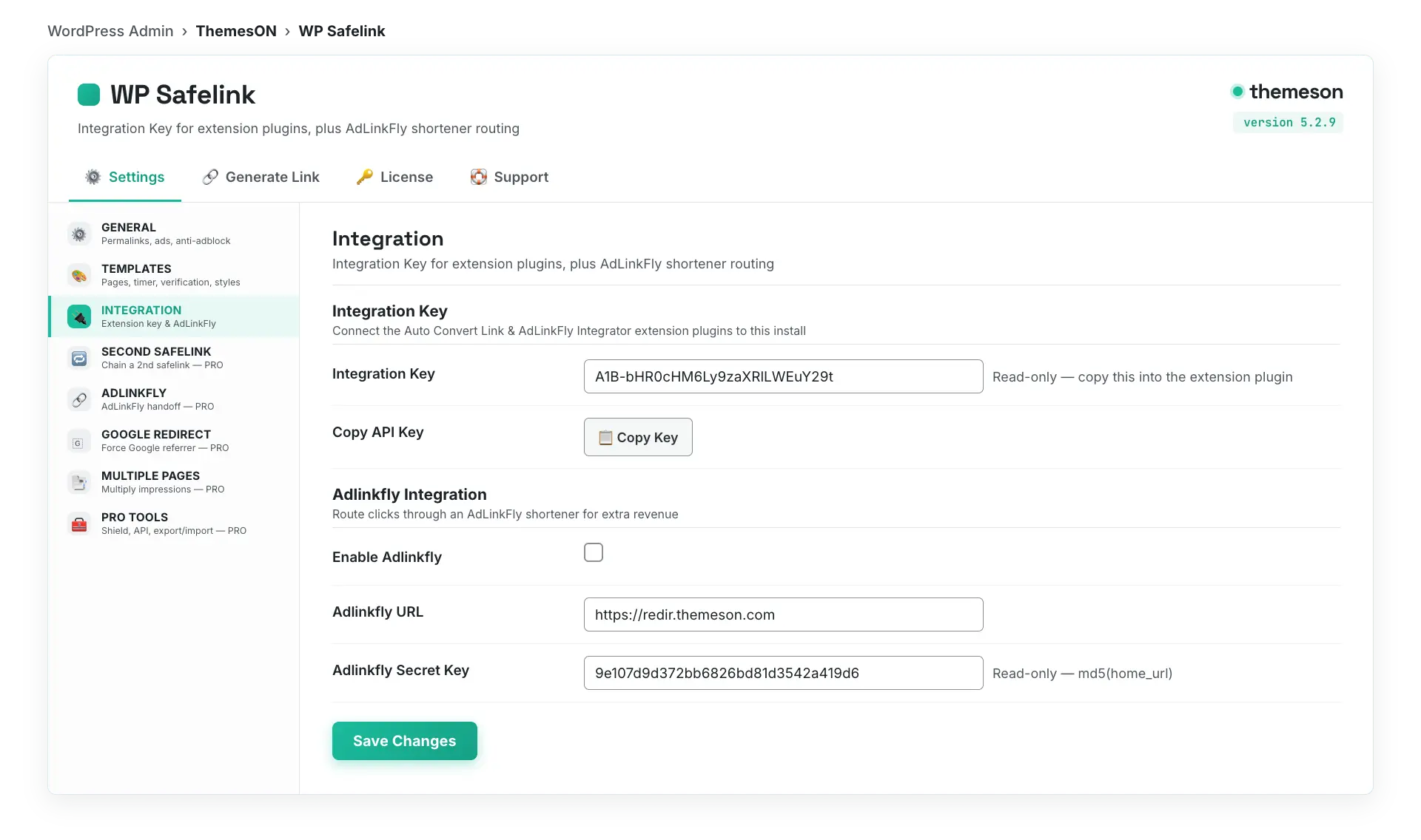 WP Safelink Integration settings tab in WordPress admin