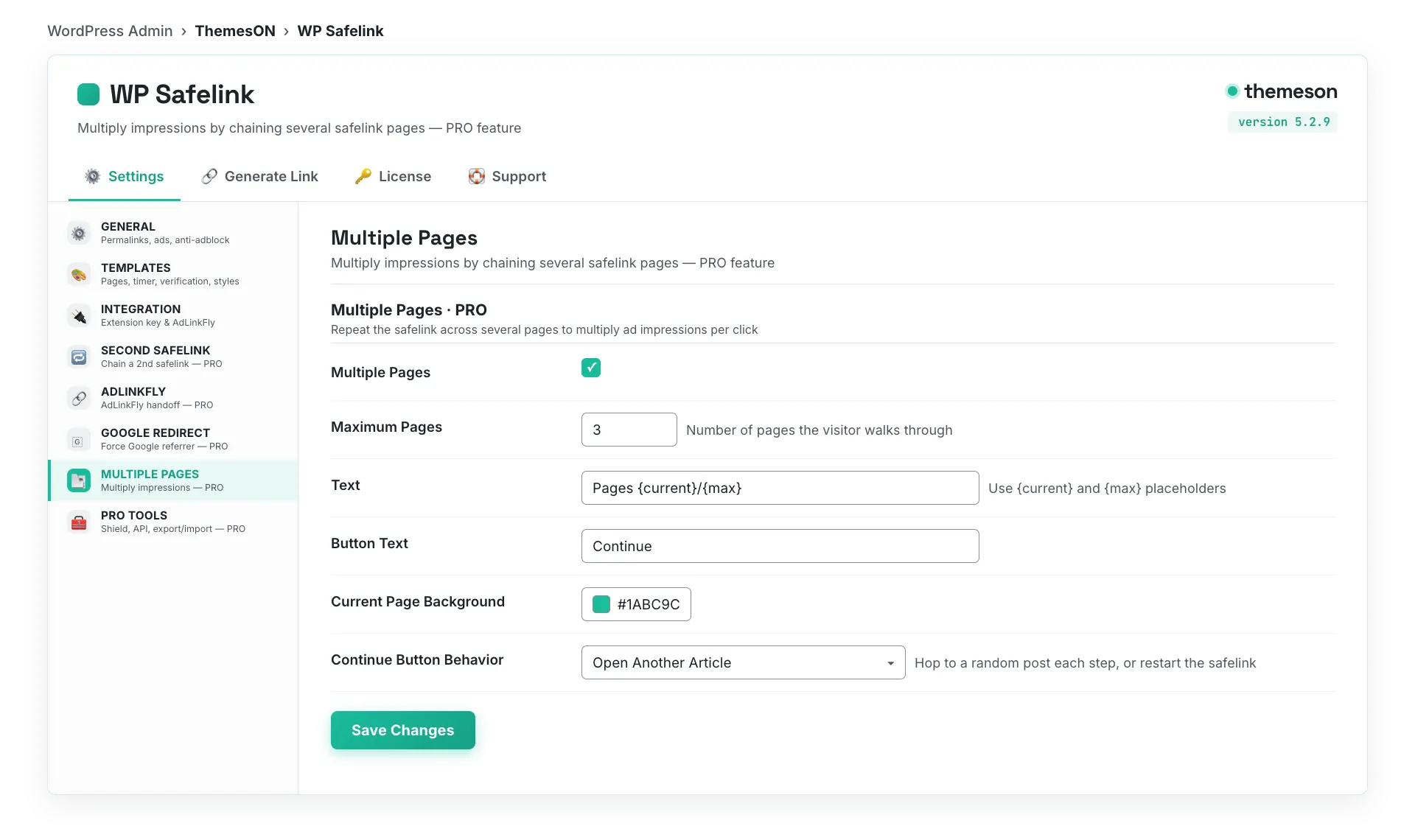 WP Safelink Multiple Pages settings tab with maximum pages, progress text, and continue button behavior