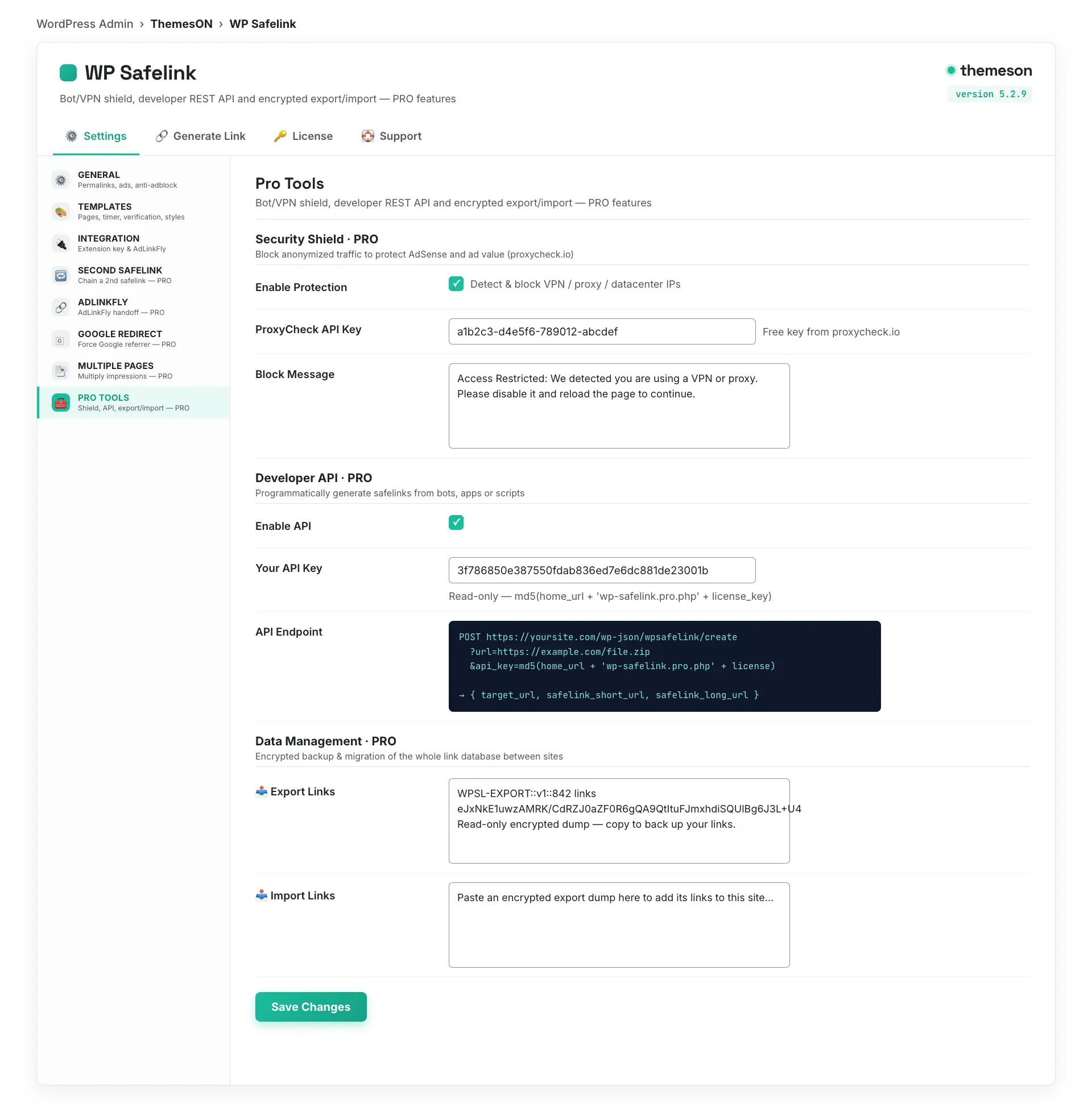 WP Safelink PRO Tools tab showing the Security Shield with the proxycheck.io API key and block message fields