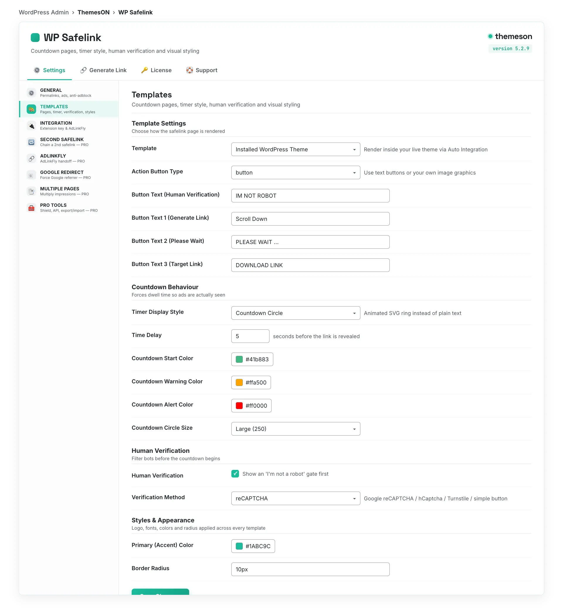 WP Safelink Templates settings tab in WordPress admin