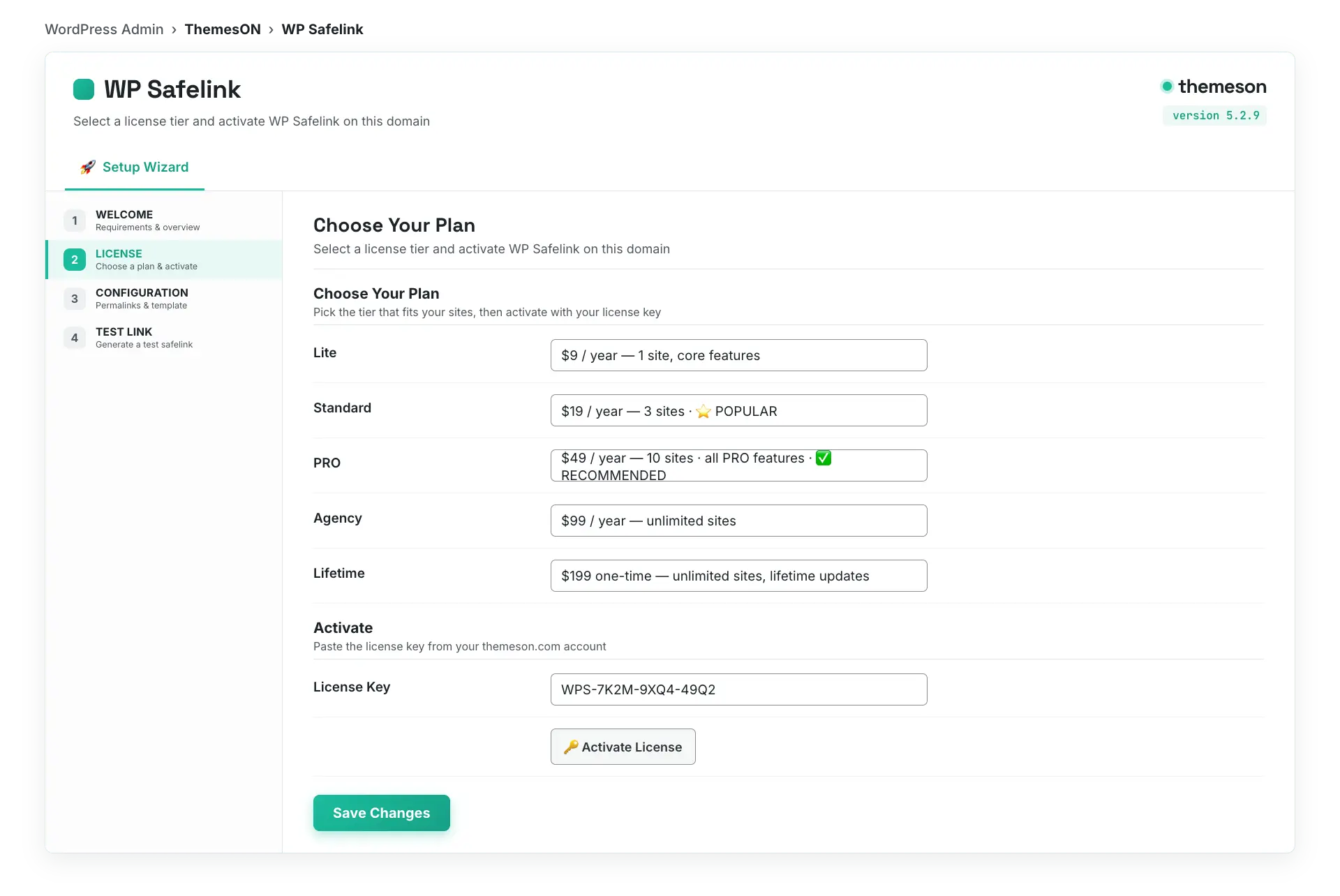 WP Safelink setup wizard license step showing the pricing plans and license key field