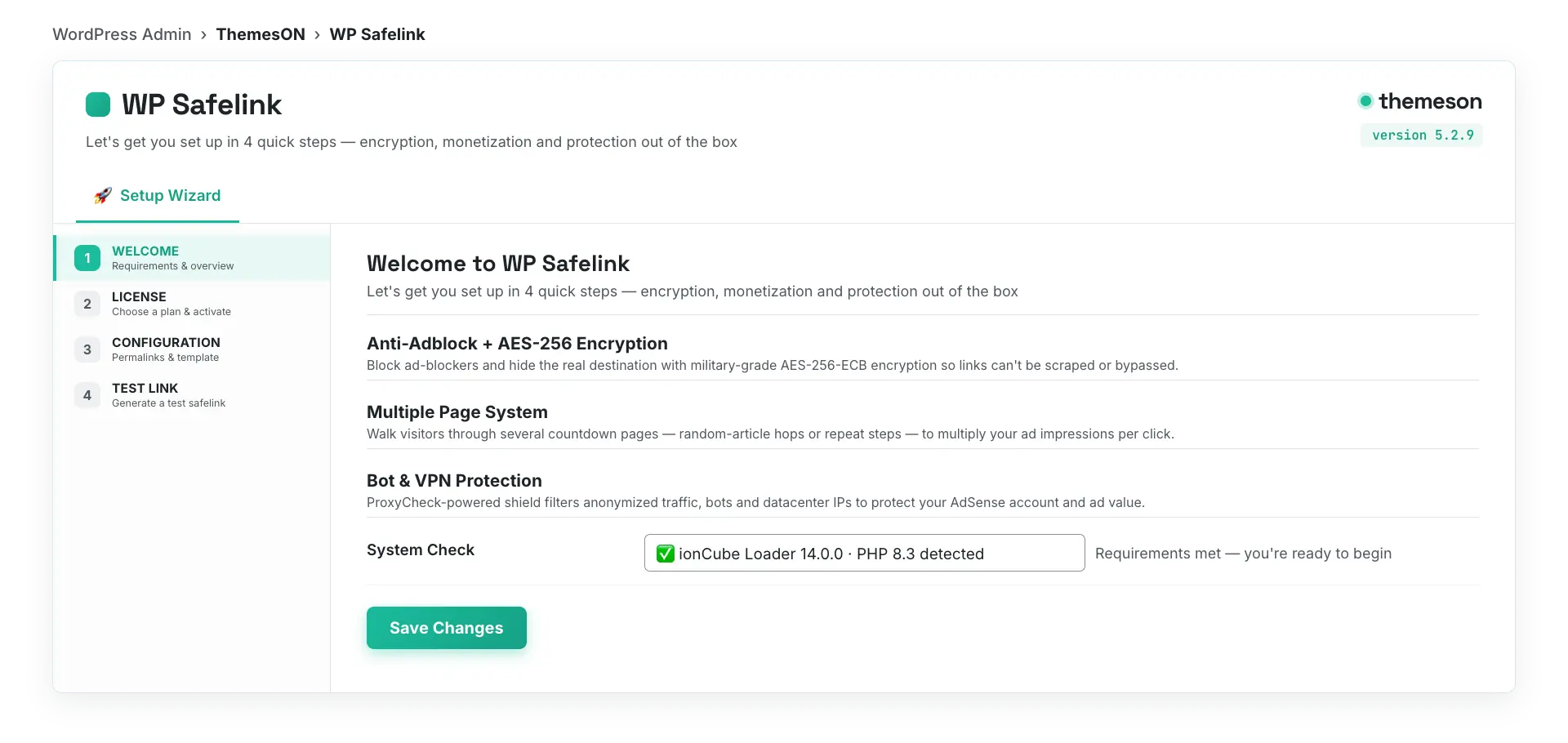 WP Safelink setup wizard welcome step with benefit cards and the requirements check