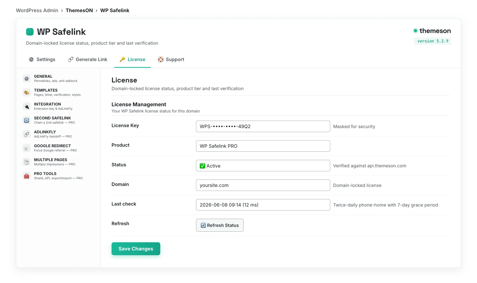 WP Safelink License tab with Refresh Status button