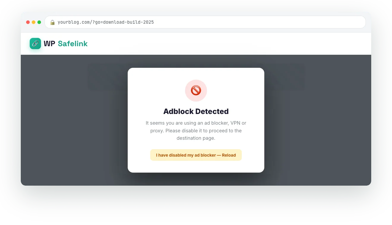Stop losing revenue to ad blockers — WP Safelink screenshot