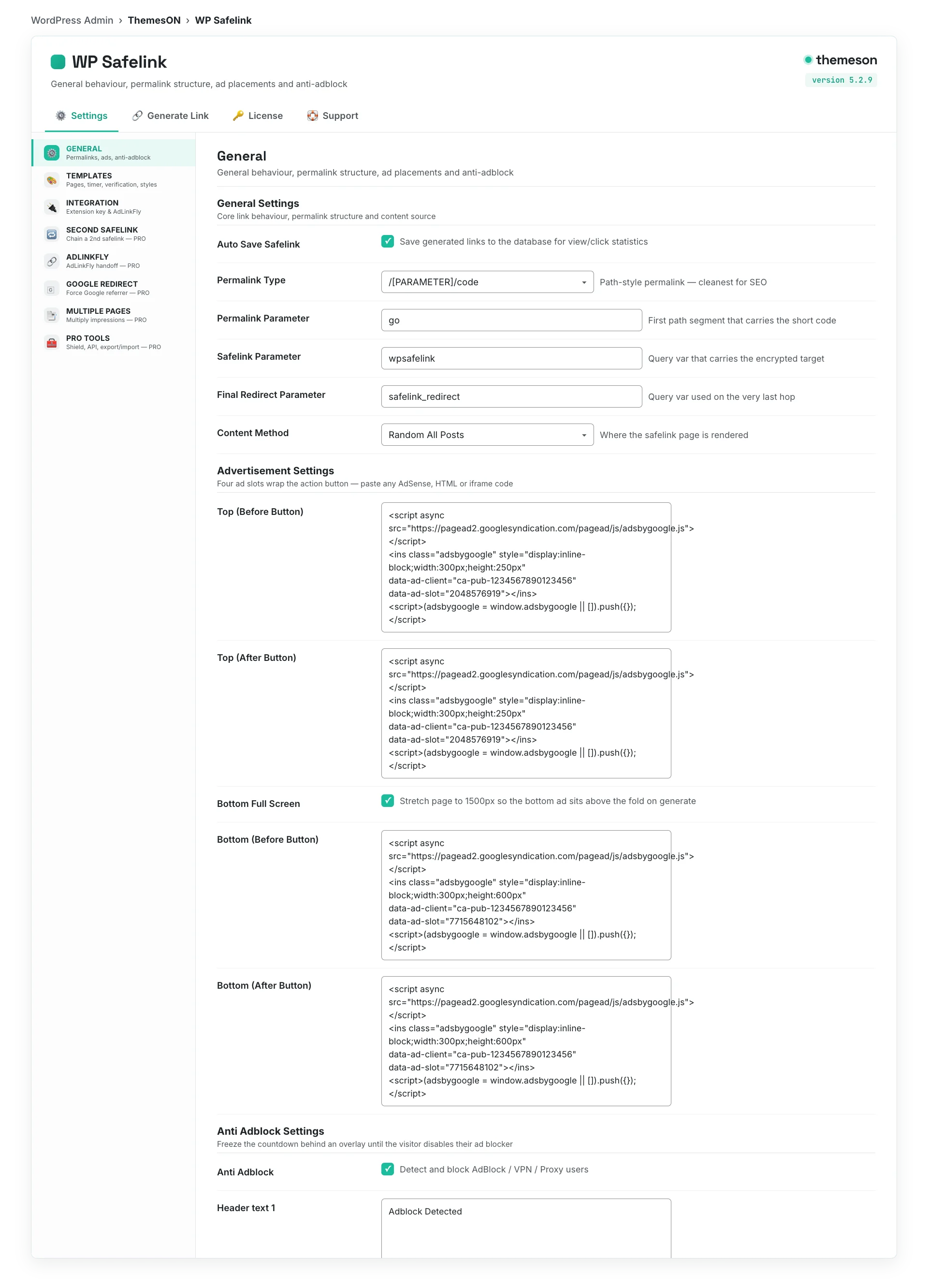 Settings — WP Safelink screenshot