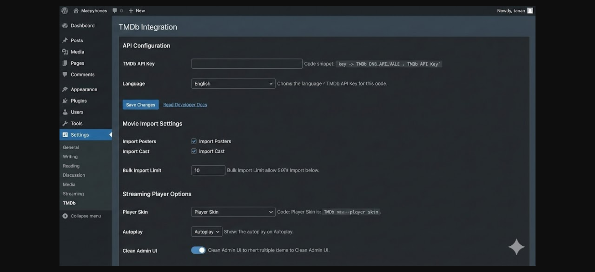 WordPress TMDb Integration Settings