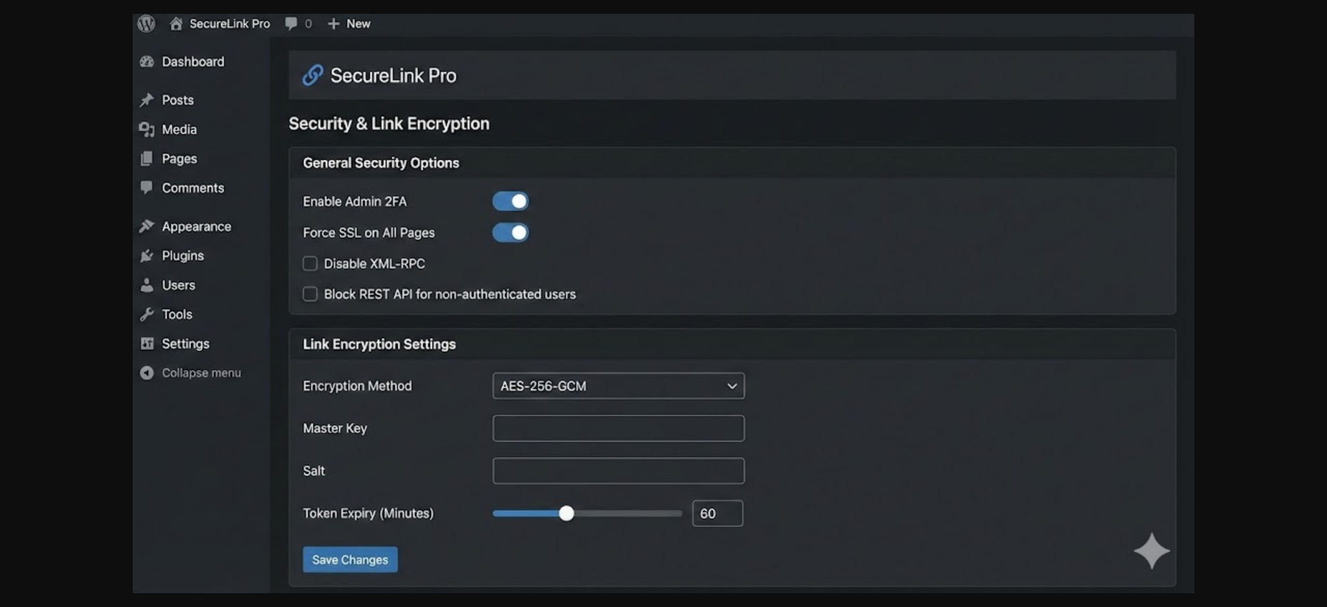 WP Safelink encryption settings panel