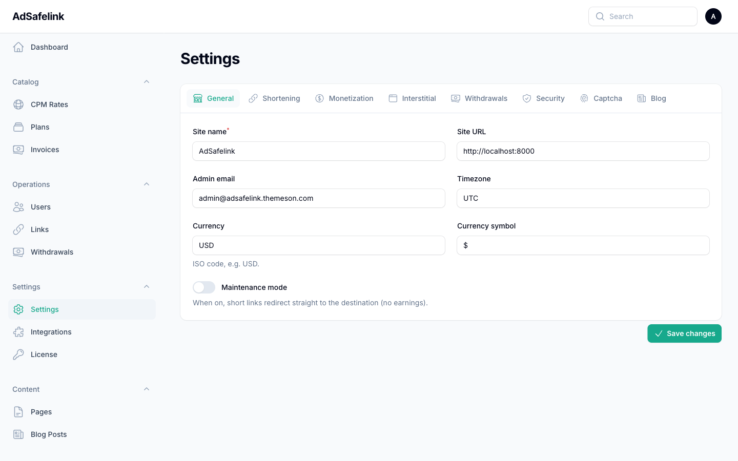 The sectioned settings screen