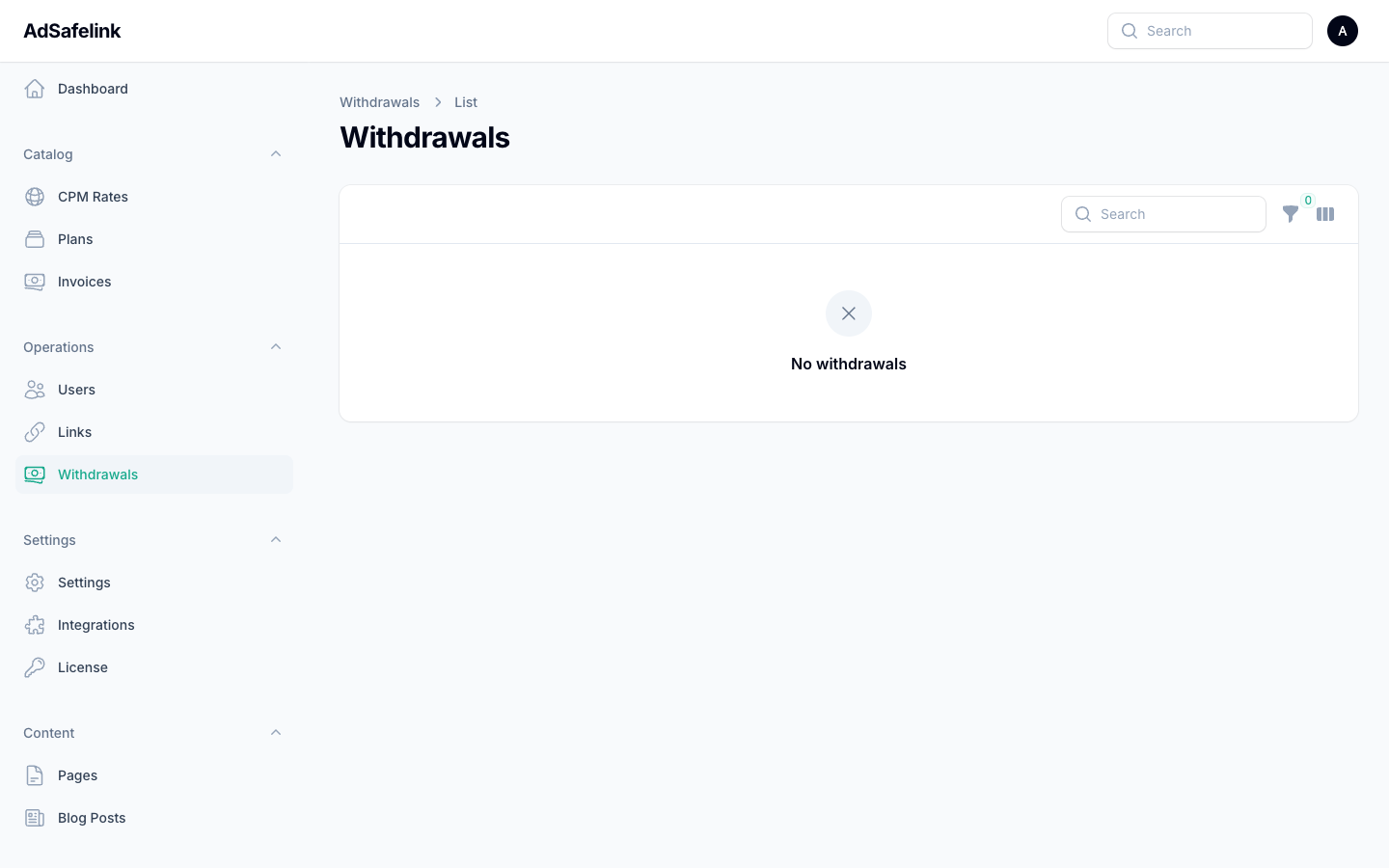 The withdrawals approval queue in the admin panel