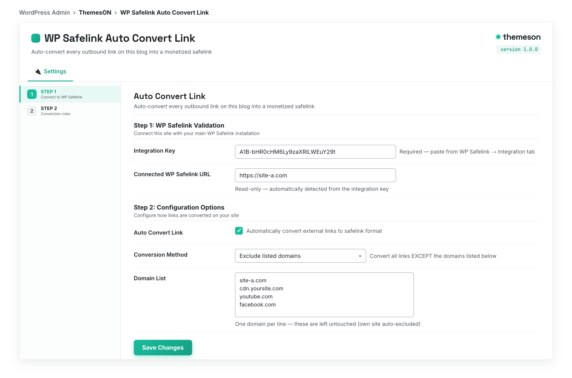 The Auto Convert Link configuration options showing the conversion method and domain list