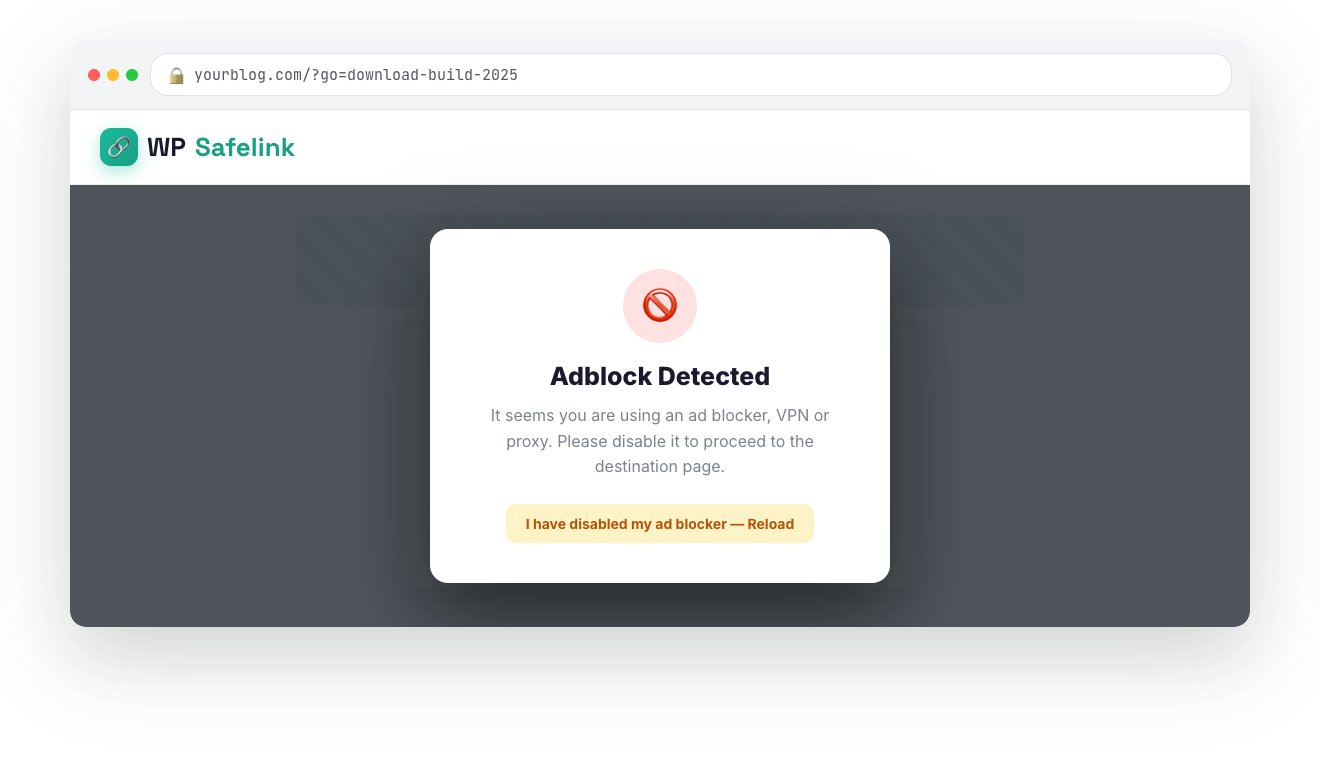 A WP Safelink anti-adblock overlay blocking the page with the countdown frozen