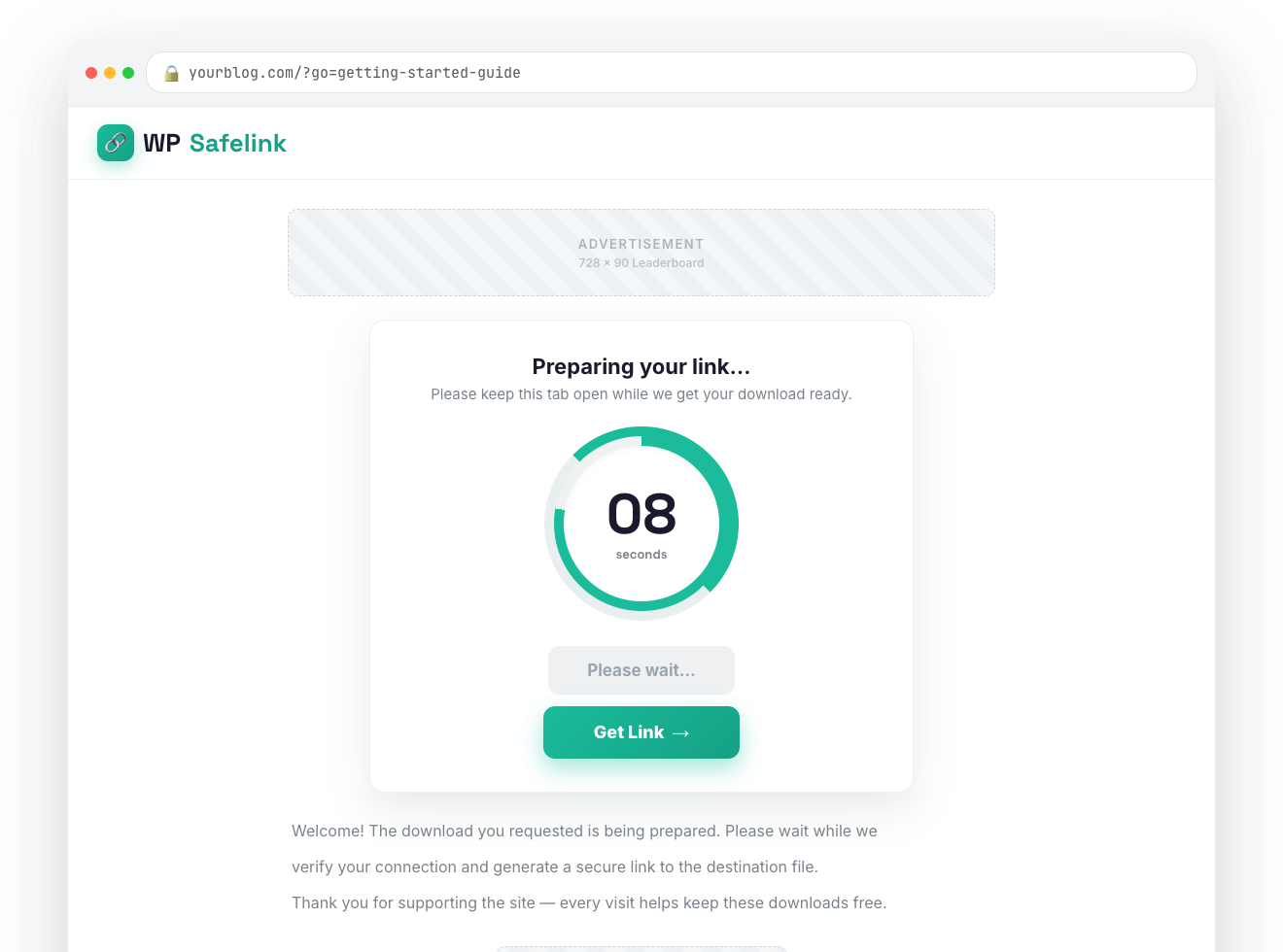 An animated circular countdown timer mid-flight on a WP Safelink page