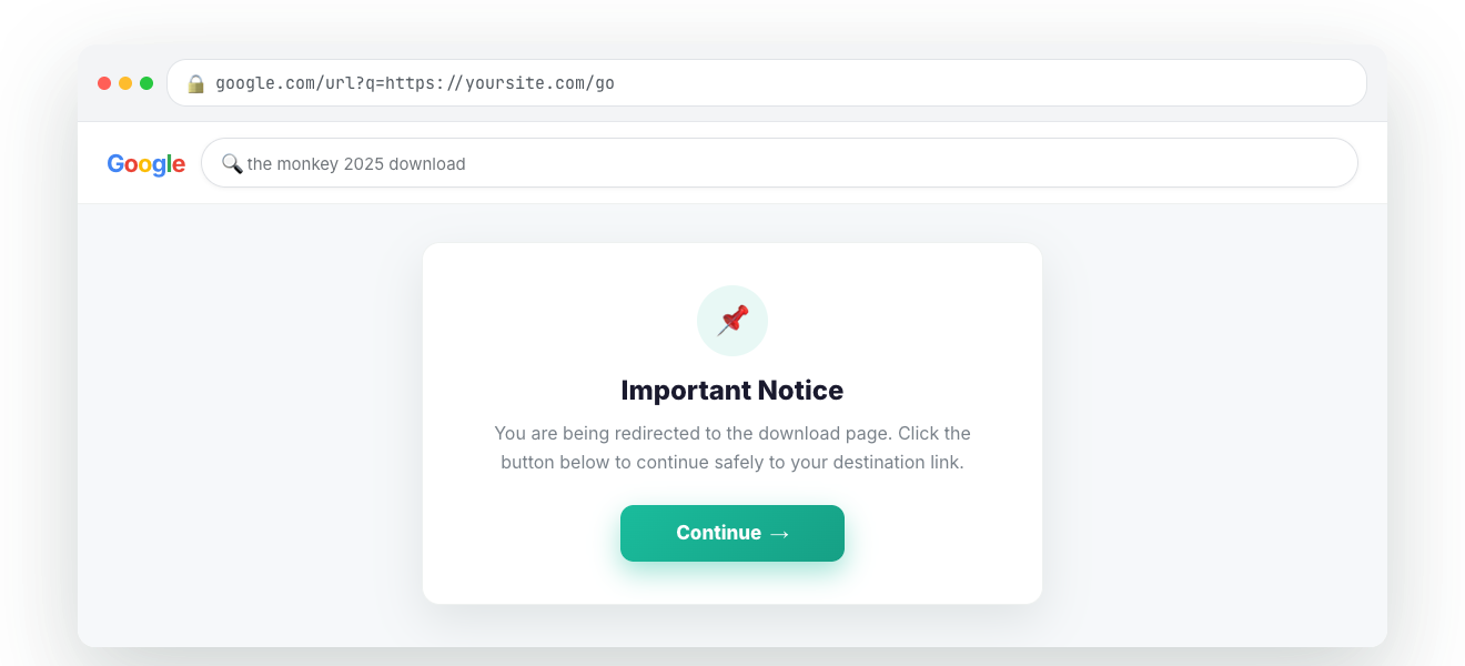 WP Safelink Google Redirect content page shown to a visitor with an important notice and Continue button