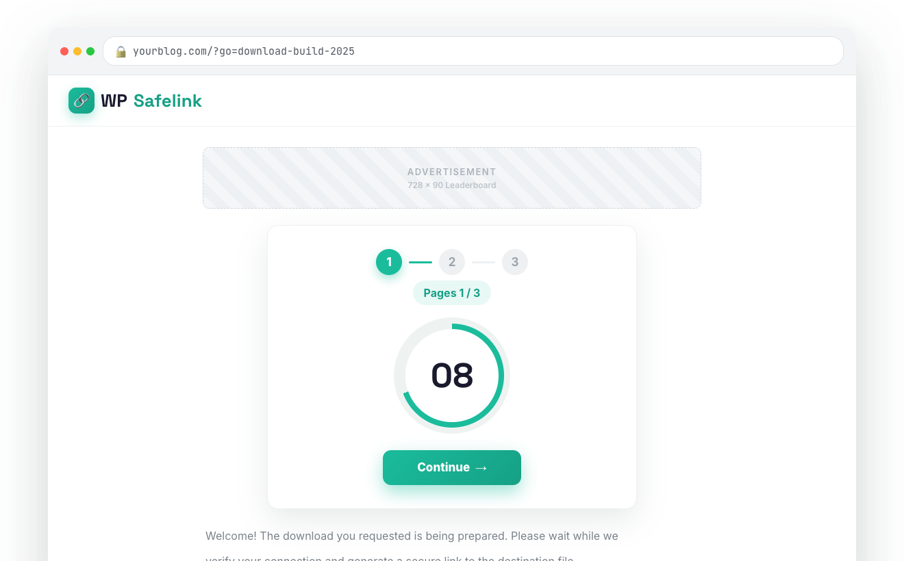 WP Safelink multiple pages flow on the frontend showing a Pages 1 of 3 progress counter and Continue button