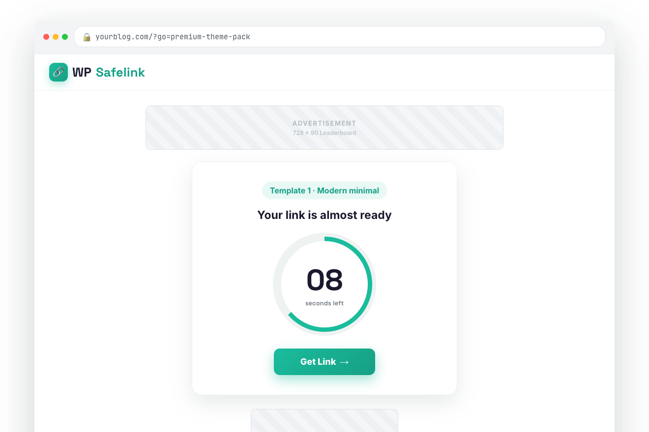 WP Safelink Template 1, a modern minimal standalone countdown page