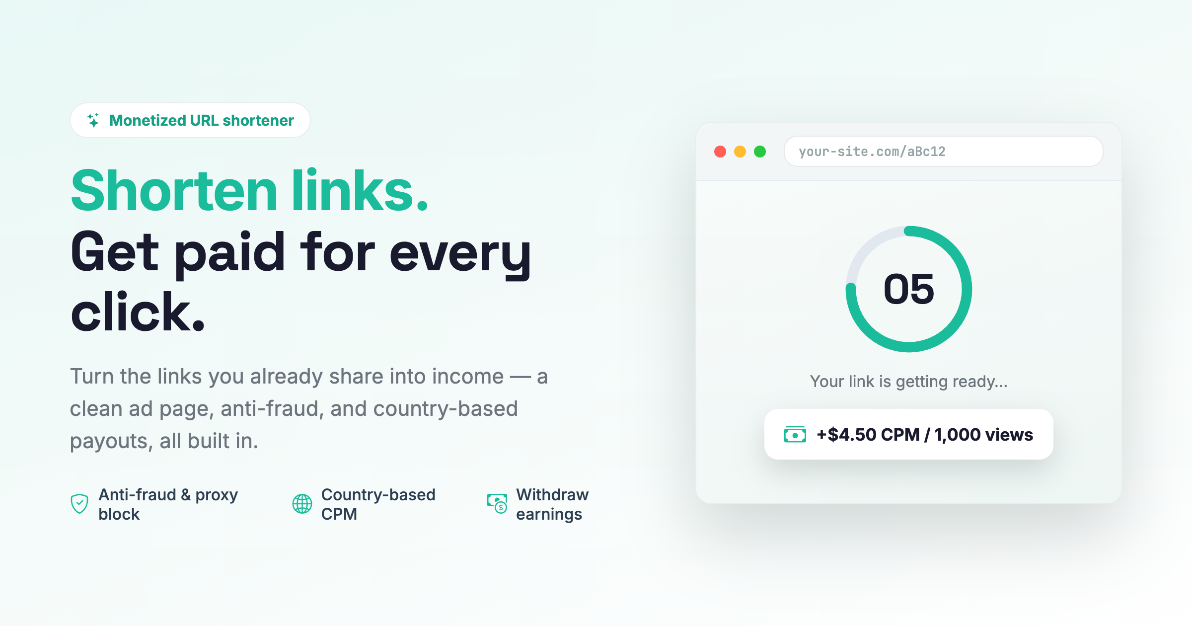 AdSafelink turns any URL into a monetized short link with a clean interstitial ad page.