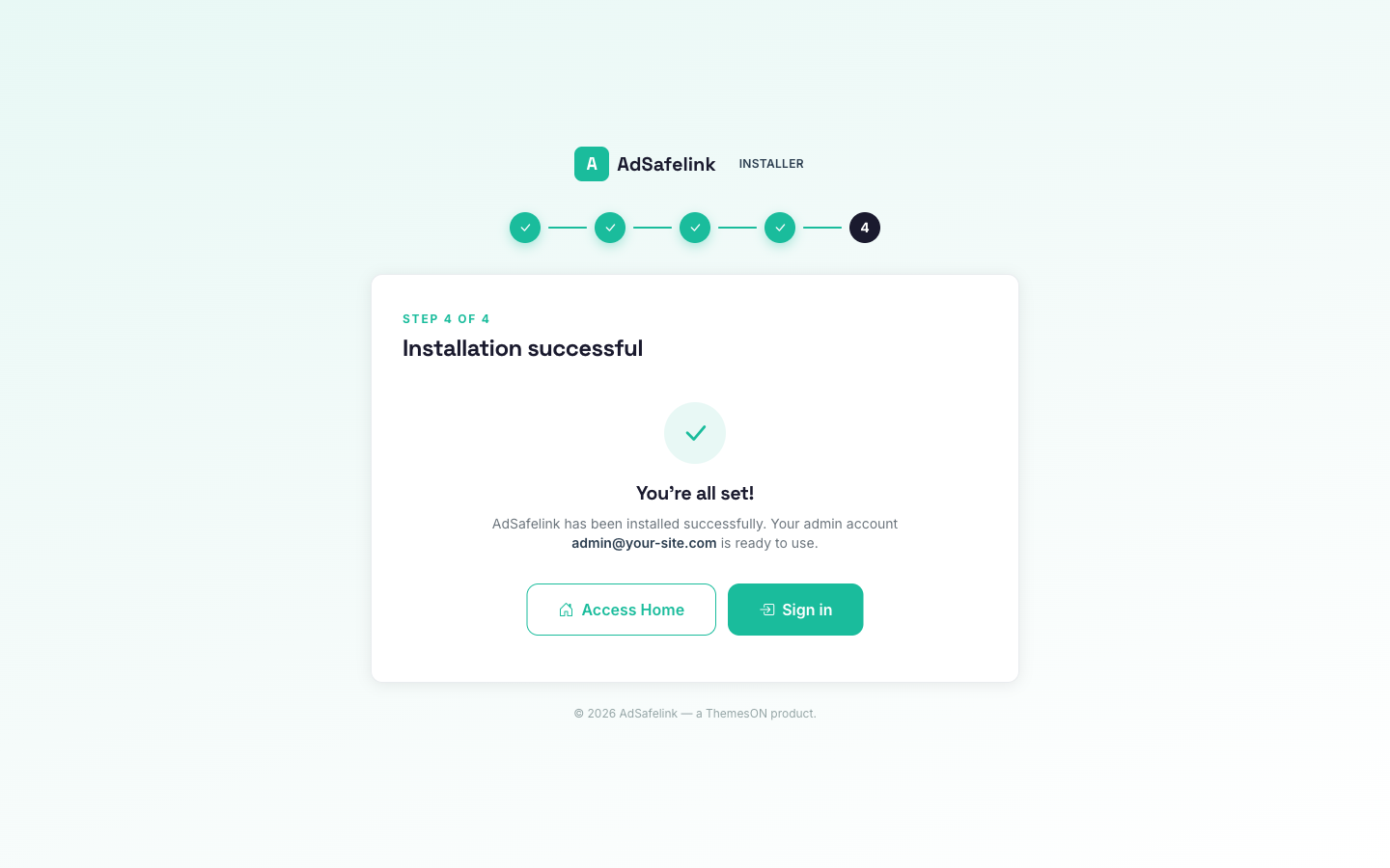The success screen confirms AdSafelink is installed and offers links to the homepage and the sign-in page.