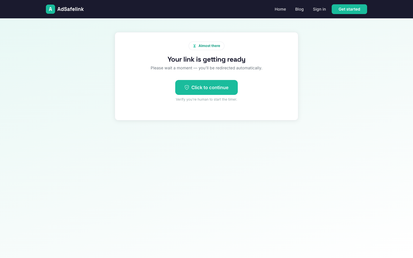 The interstitial page: ad slots plus a countdown that reveals the Continue button at zero.